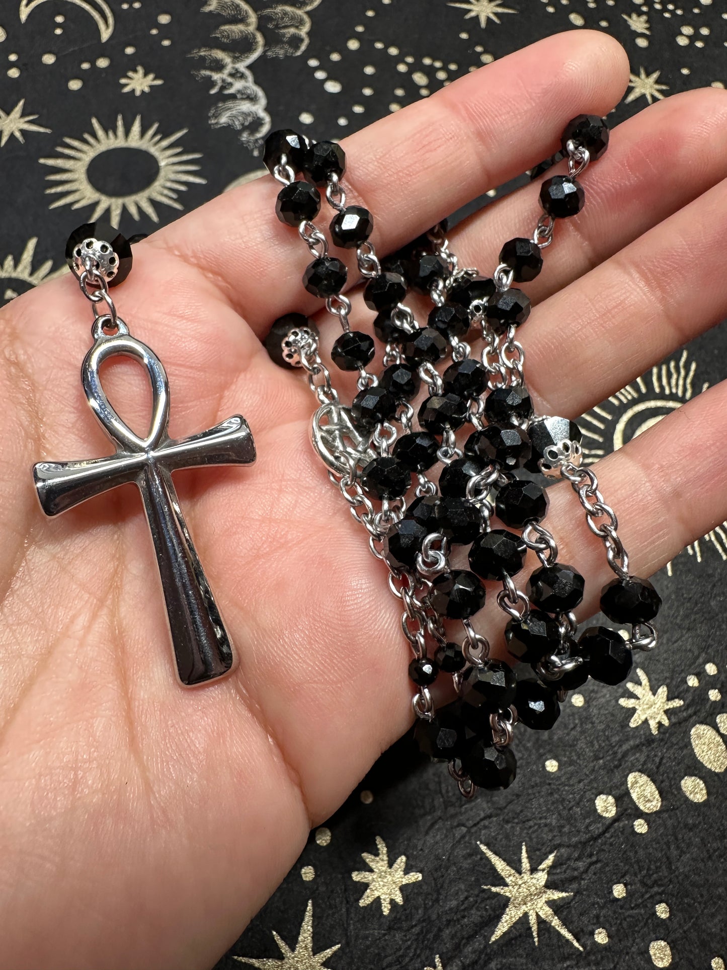 Black glass faceted bead ankh rosary
