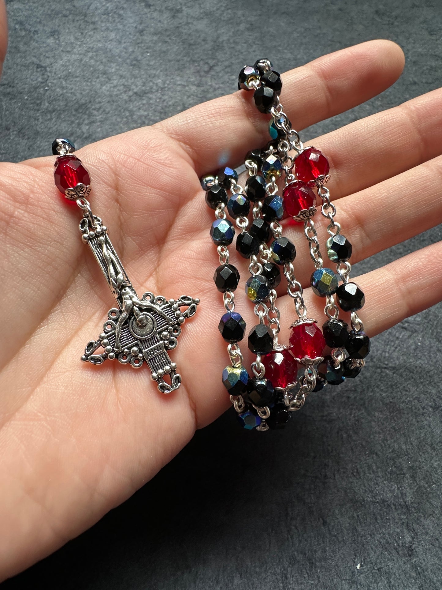 Black iridescent glass bead satanic rosary