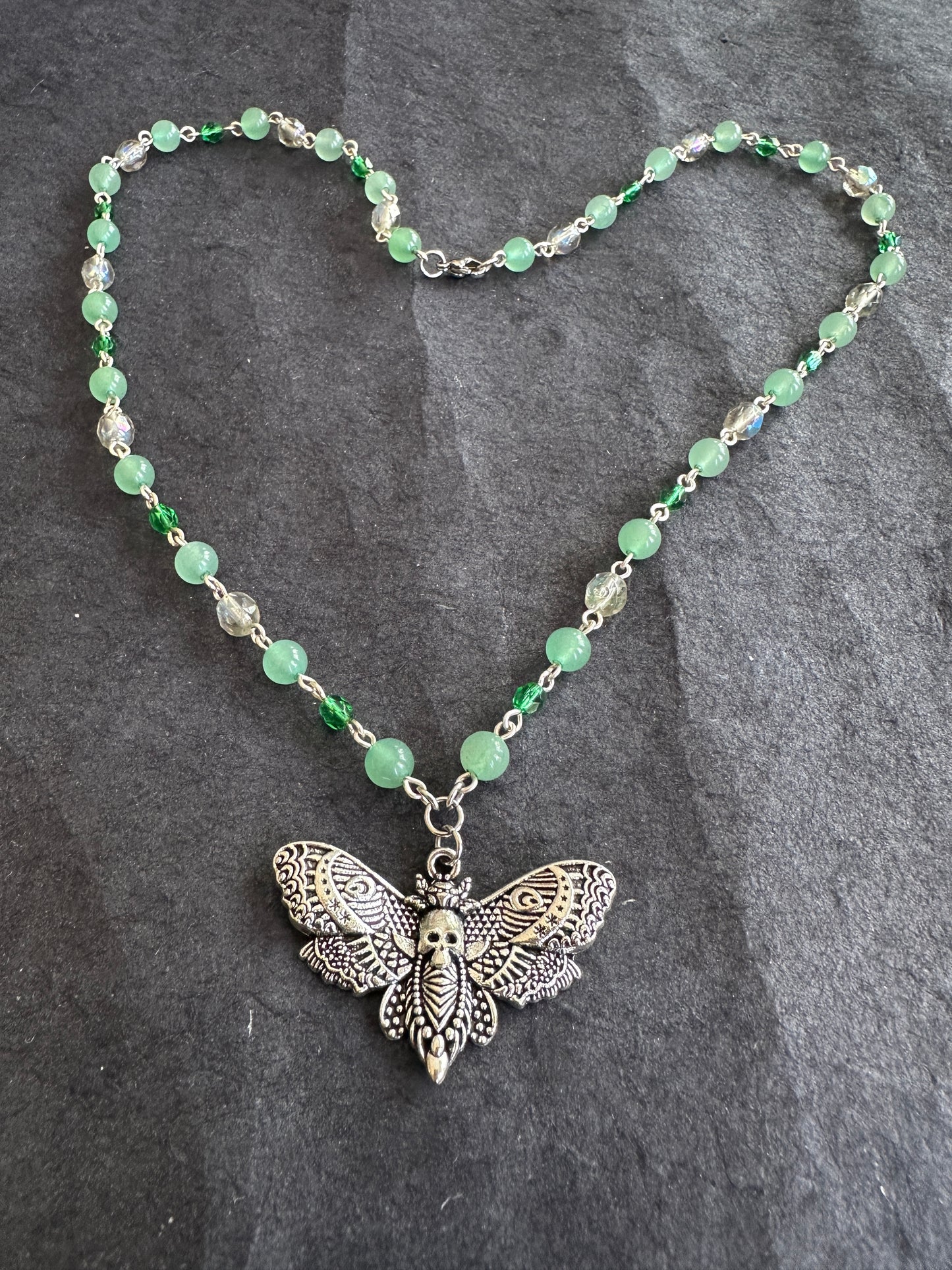 Green glass moth necklace