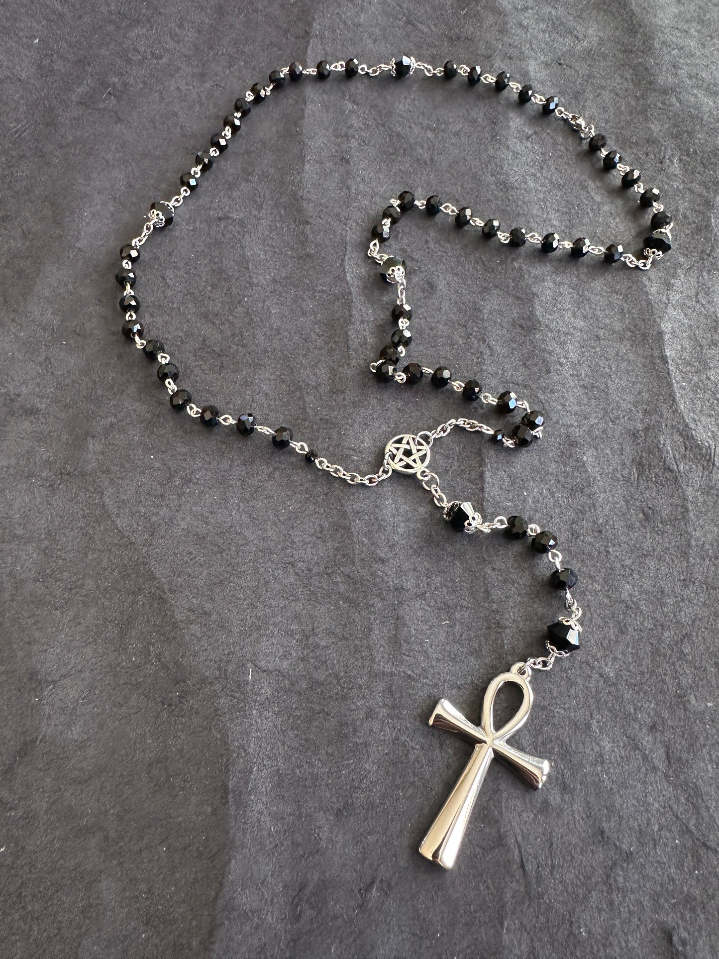 Black faceted glass ankh gothic rosary