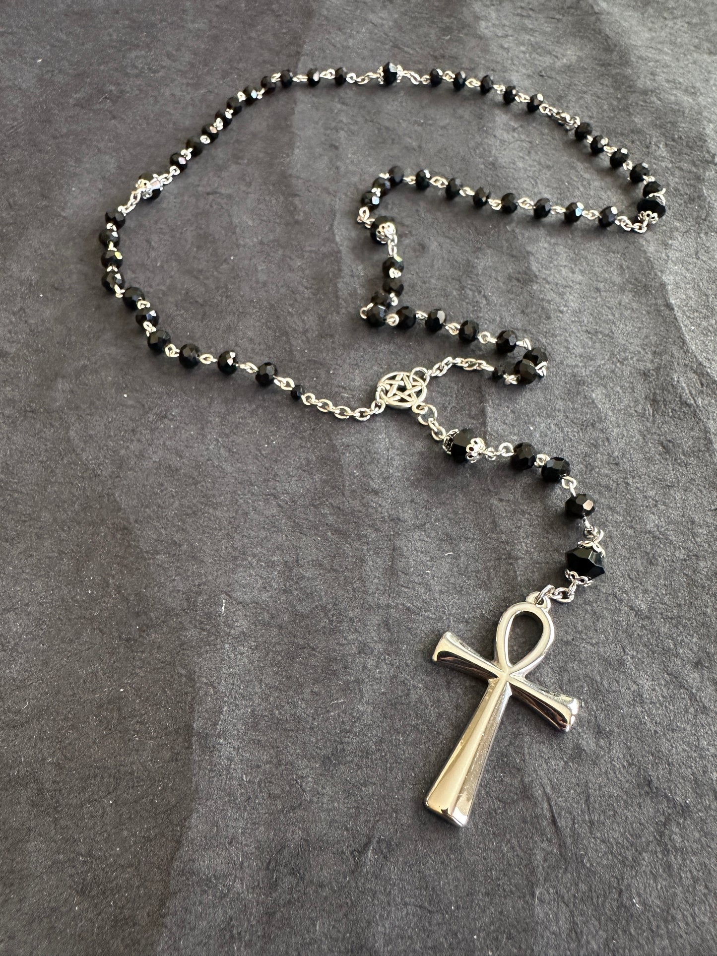 Black faceted glass ankh gothic rosary
