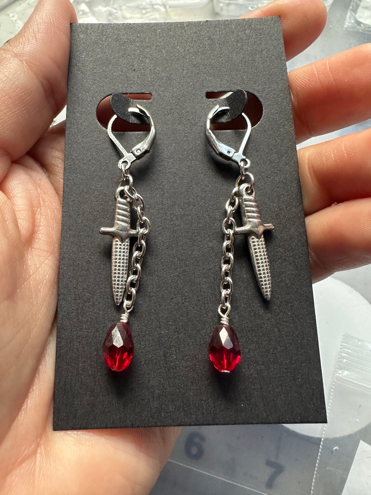 Dagger and blood drop earrings