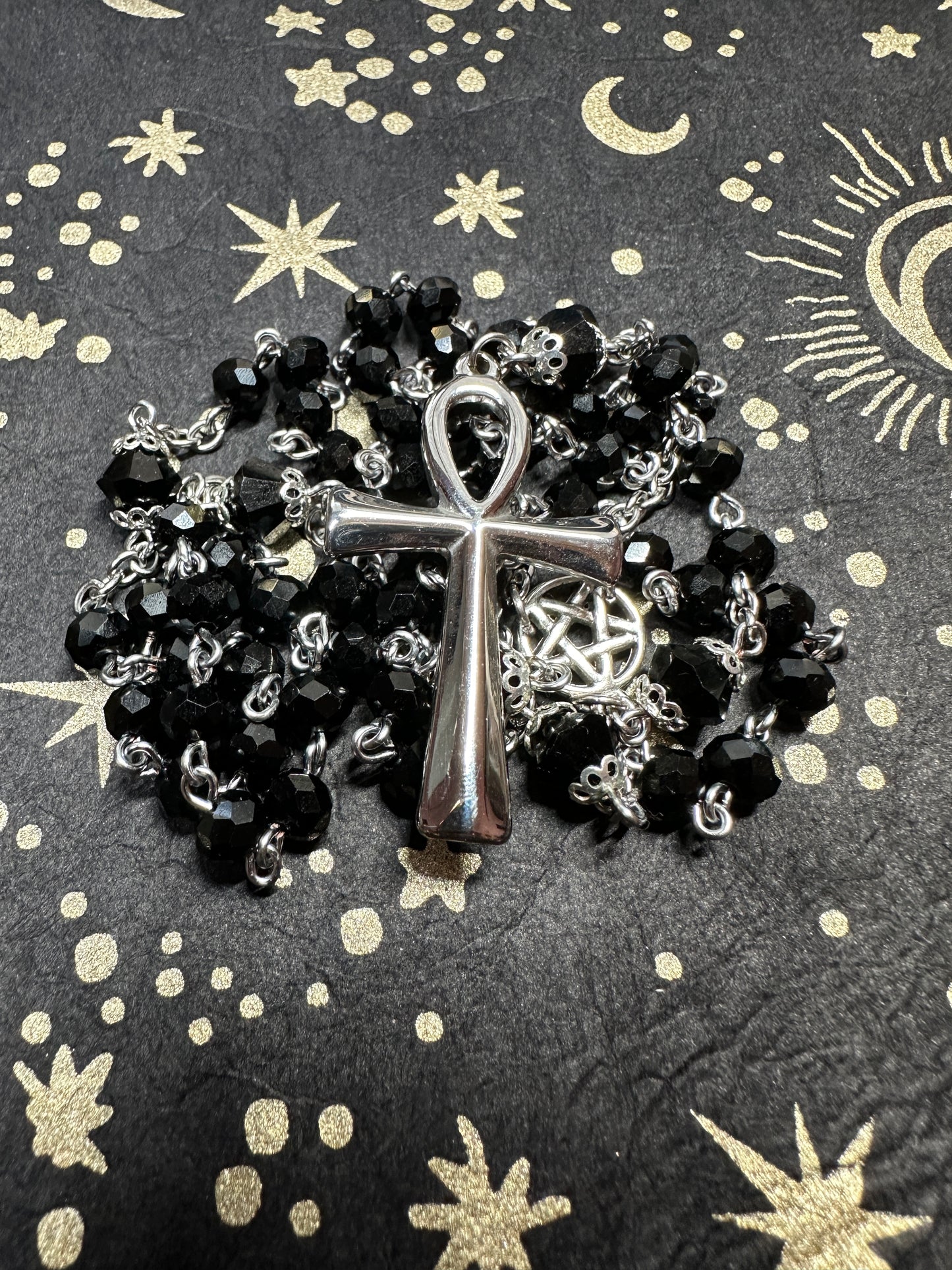 Black glass faceted bead ankh rosary