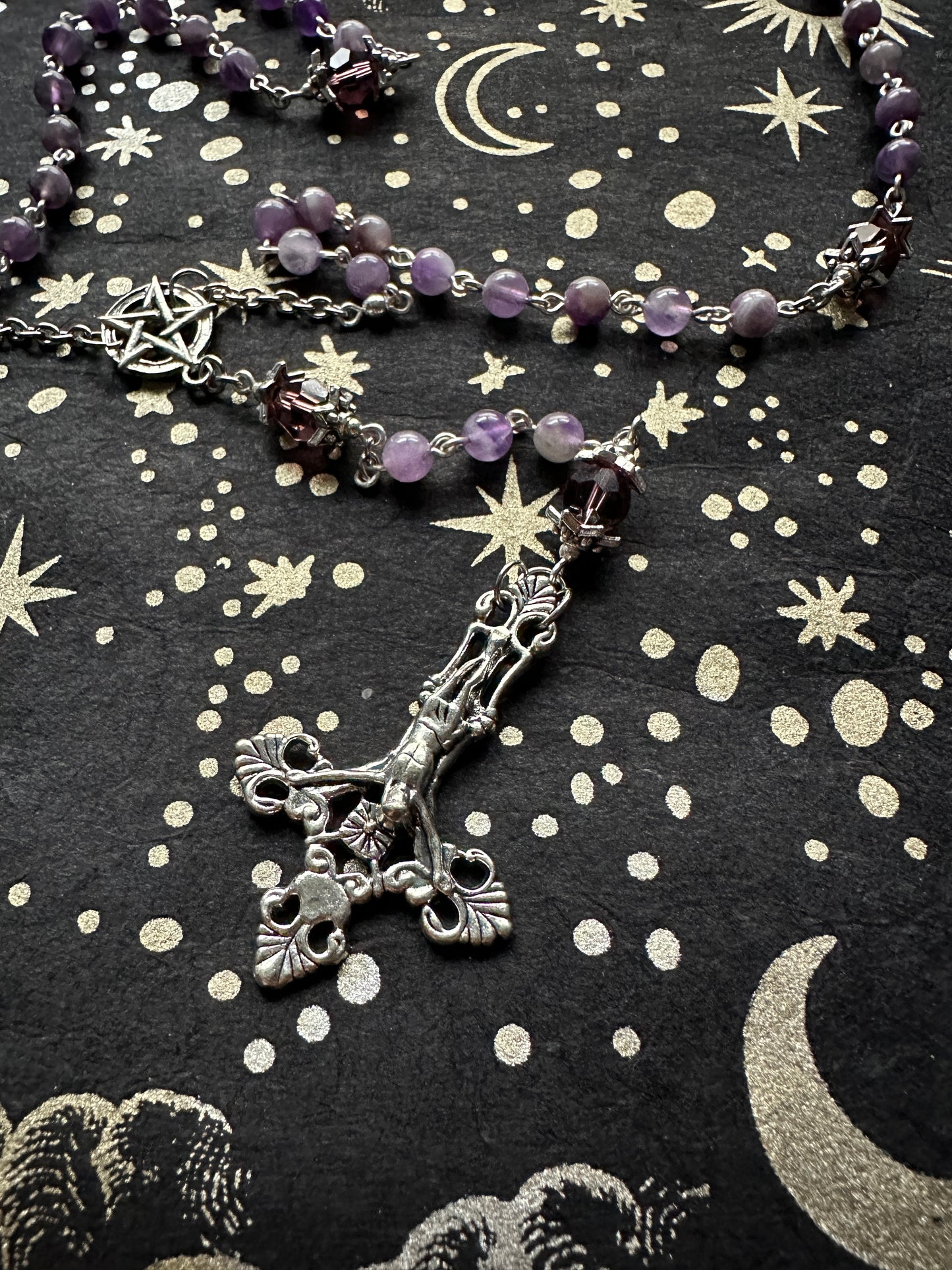 Unholy inverted crucifix rosary with amethyst beads