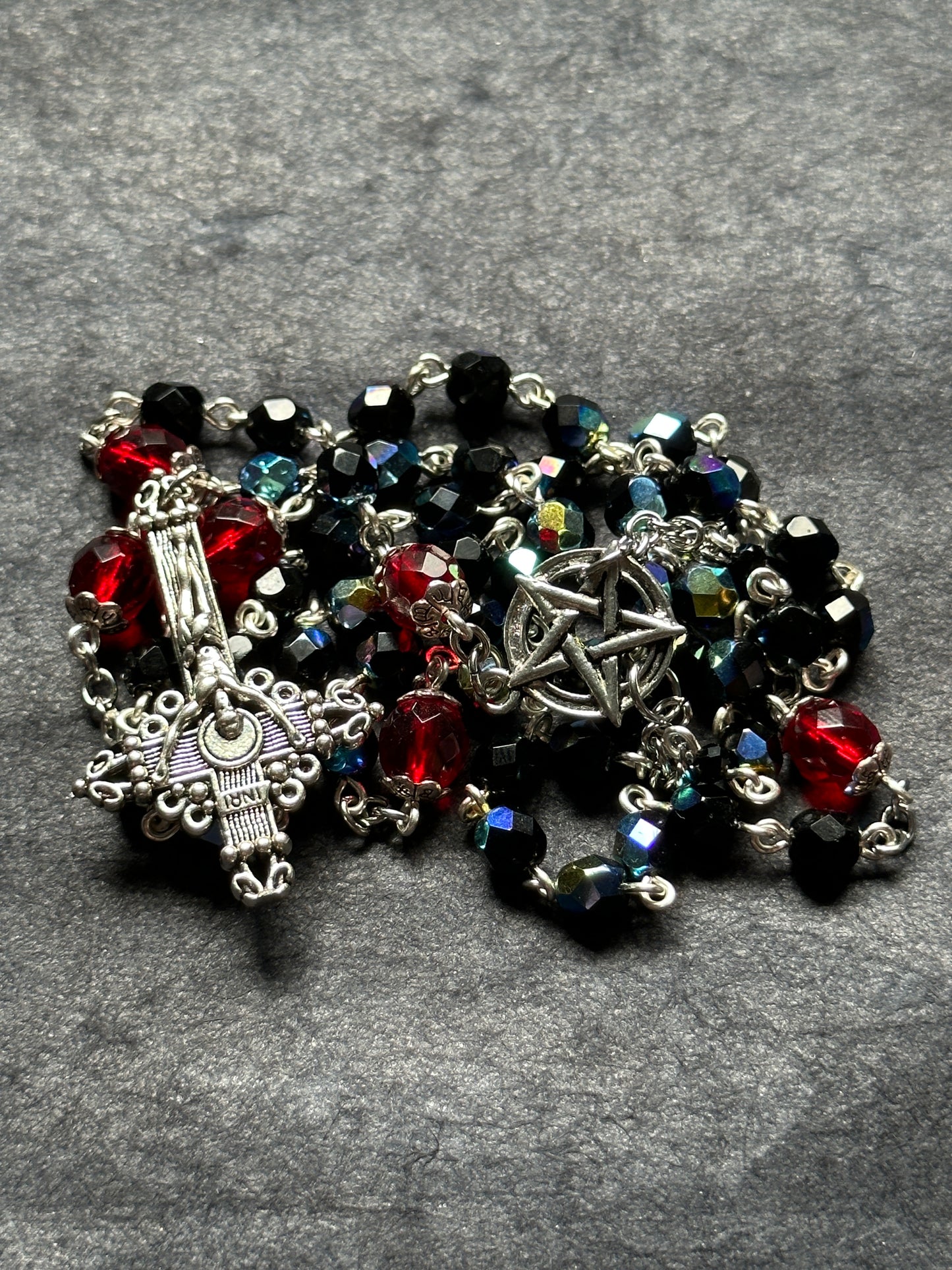 Black iridescent glass bead satanic rosary