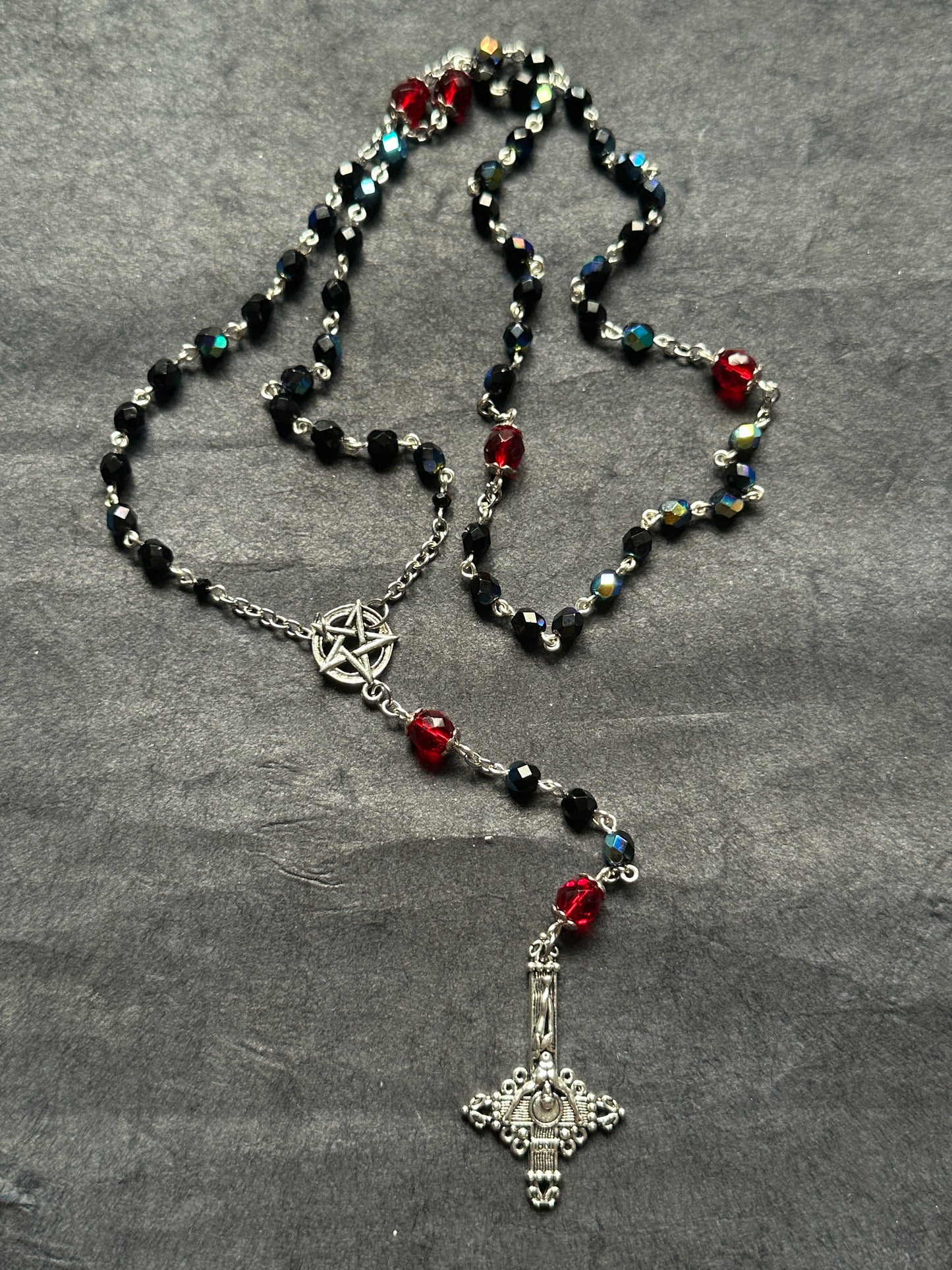 Black iridescent glass bead satanic rosary