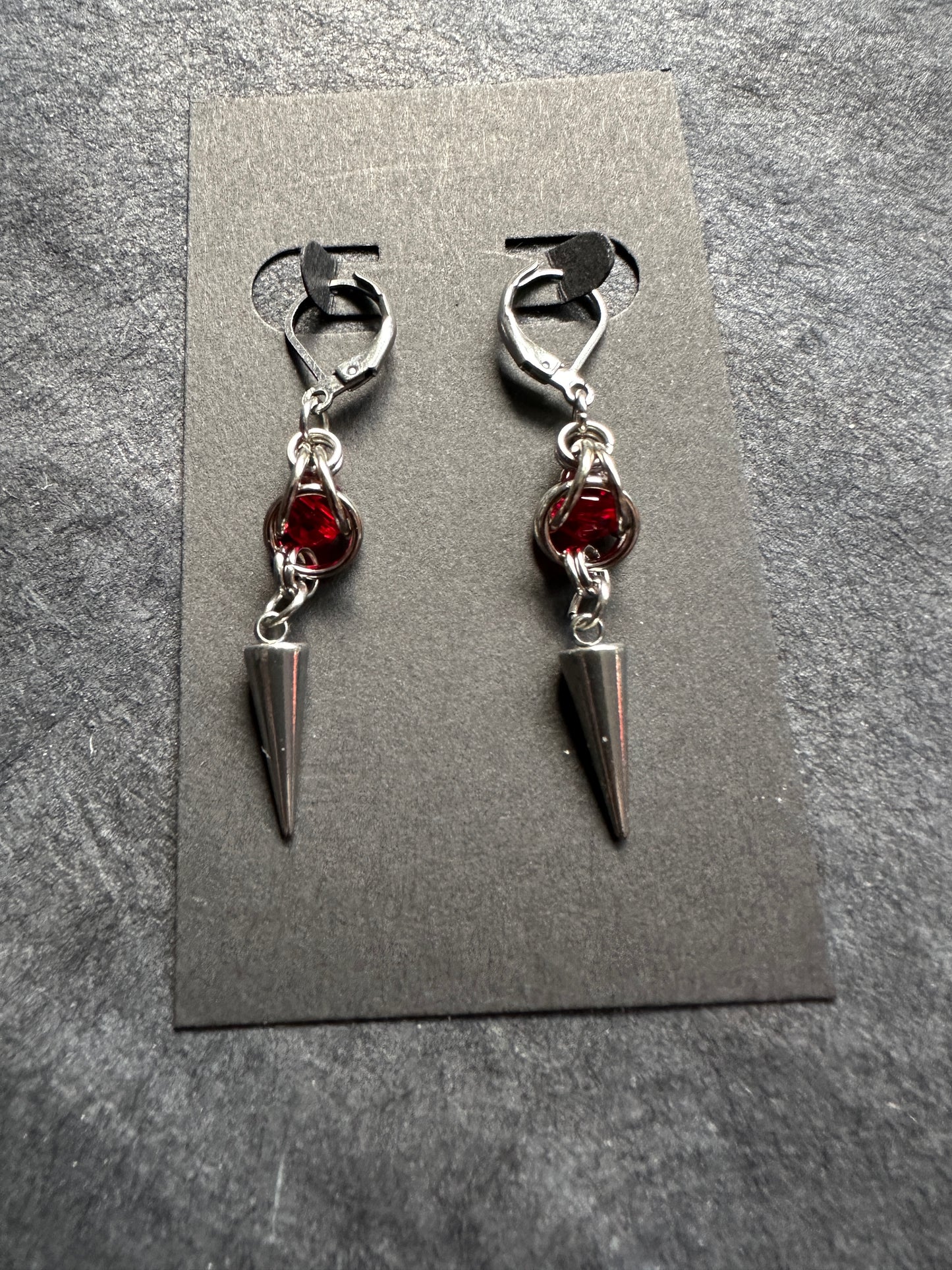 Stainless steel chainmaille and red crystal earrings
