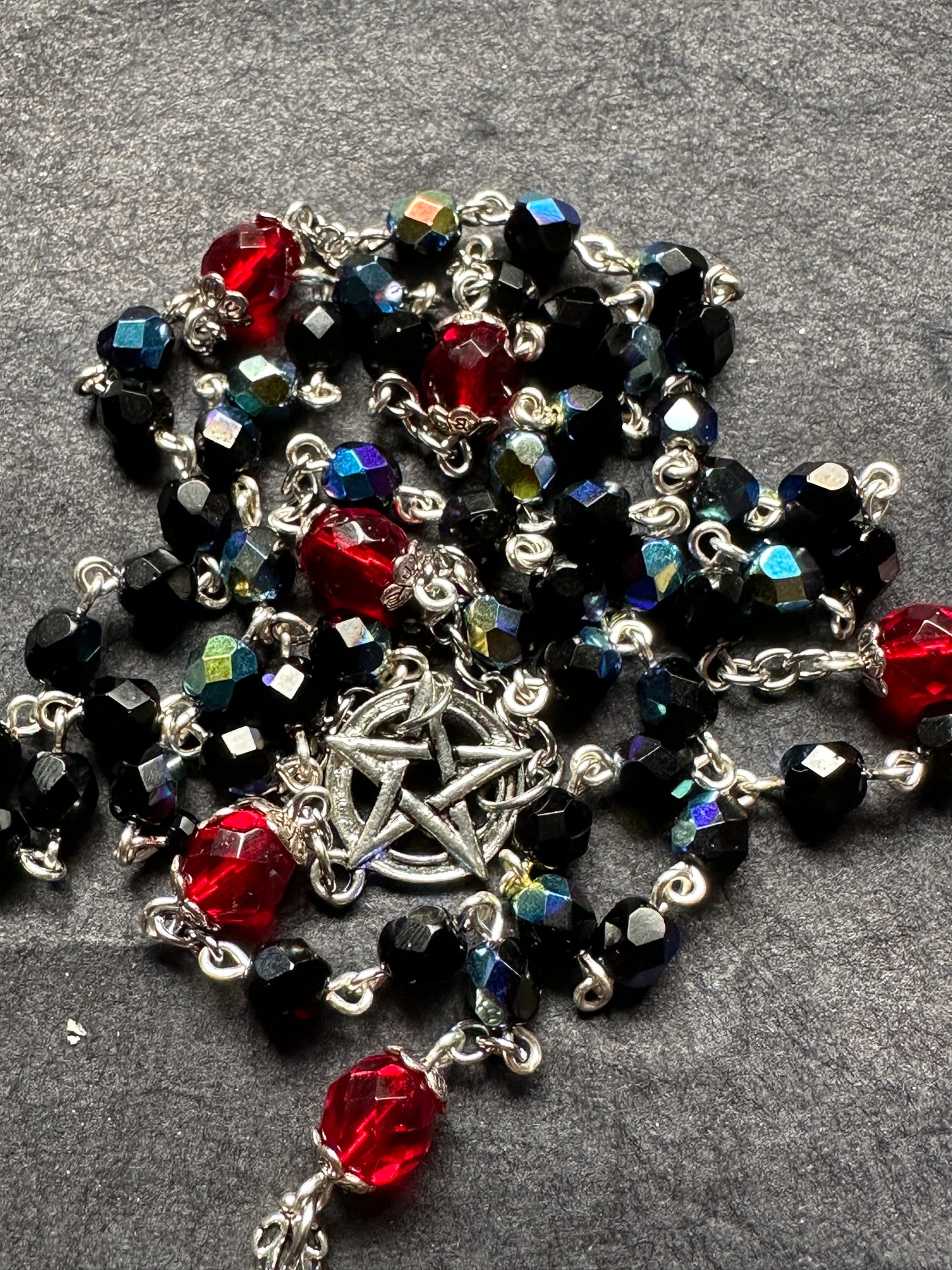 Black iridescent glass bead satanic rosary