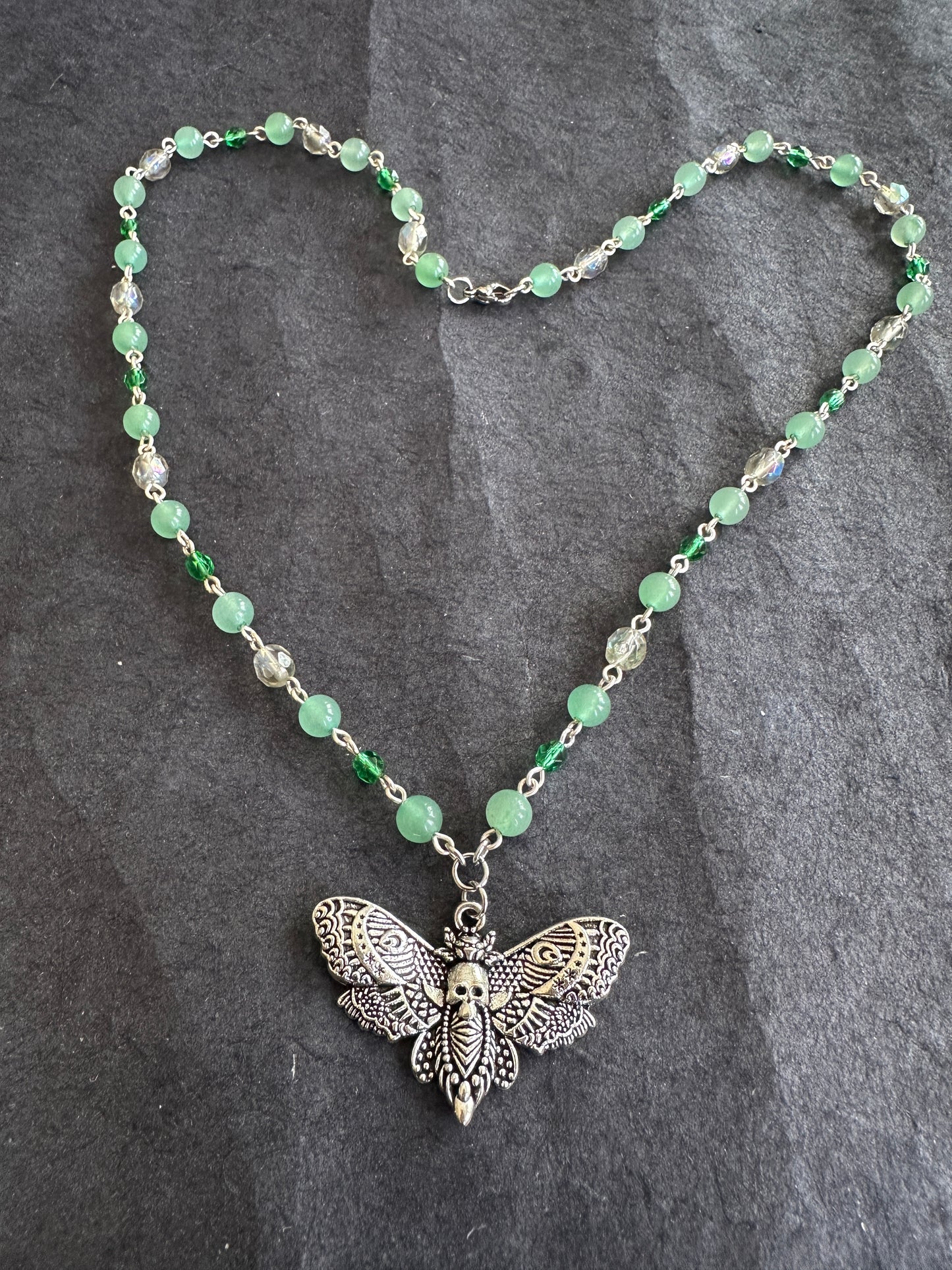 Green glass moth necklace