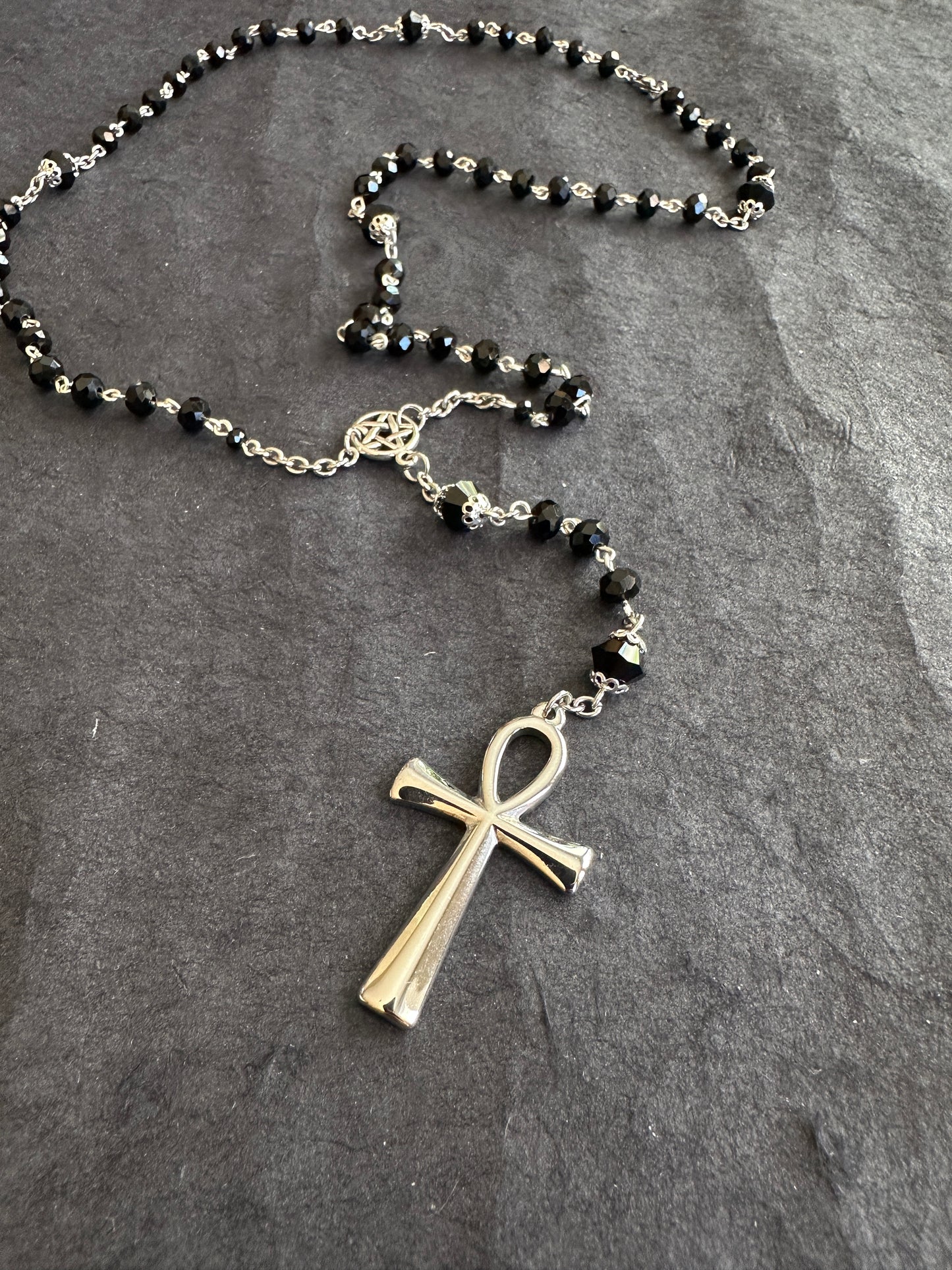 Black faceted glass ankh gothic rosary