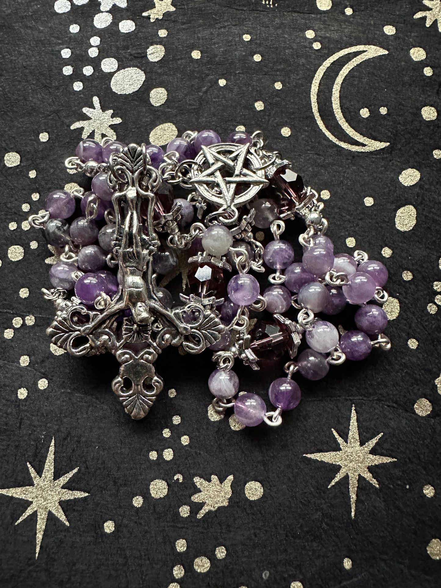 Unholy inverted crucifix rosary with amethyst beads