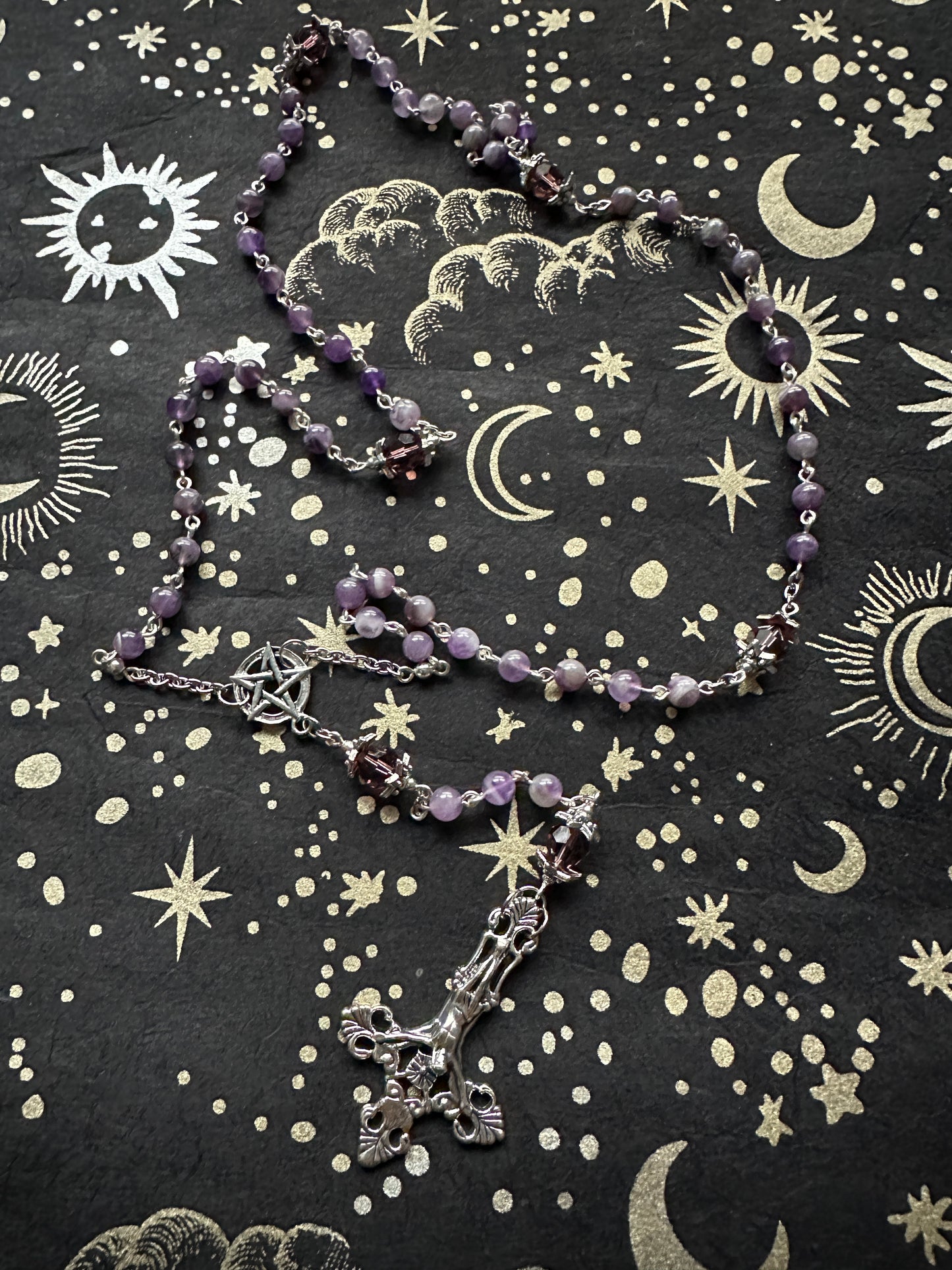 Unholy inverted crucifix rosary with amethyst beads