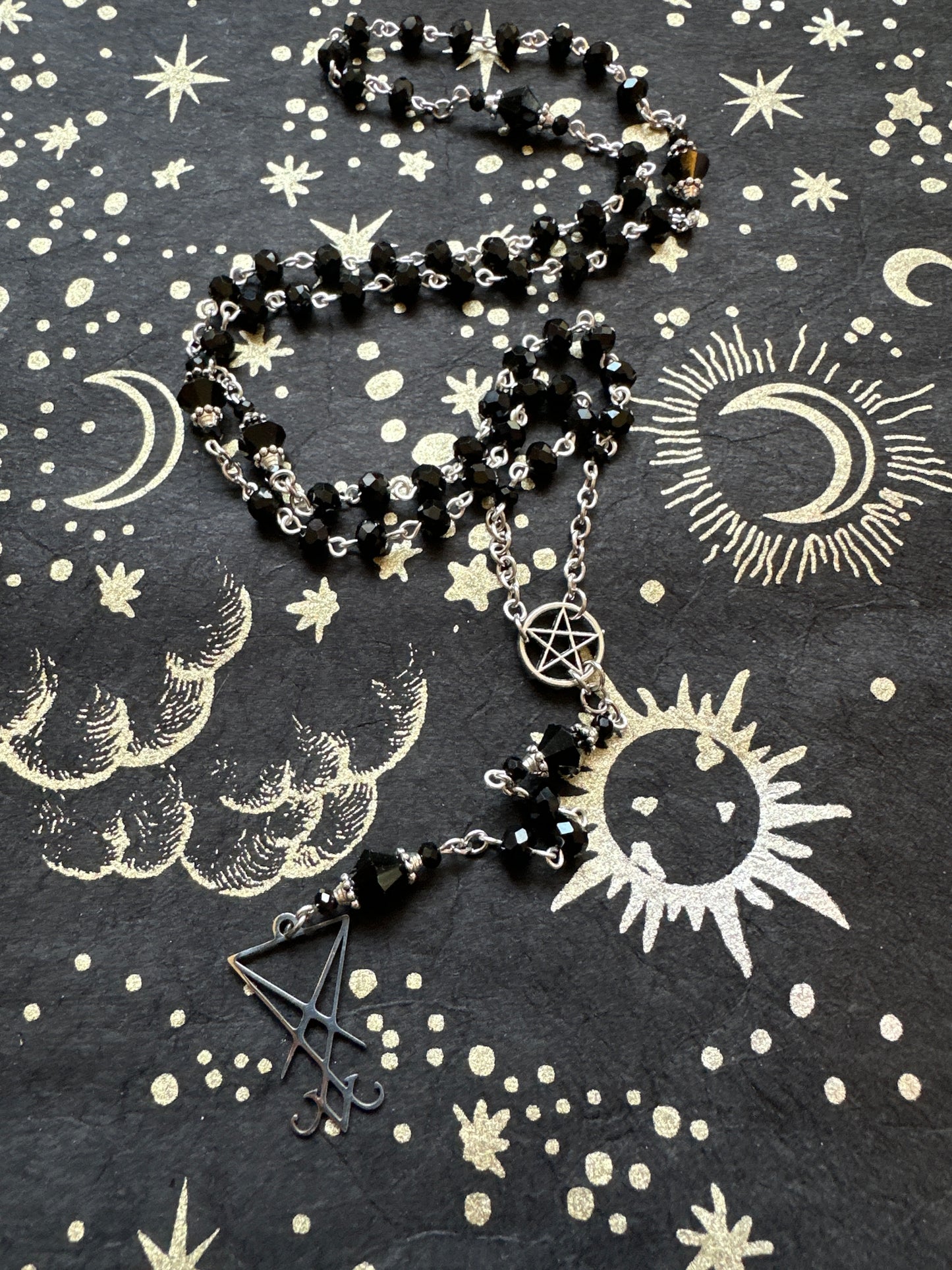 Black Lucifer Sigil Rosary with faceted beads