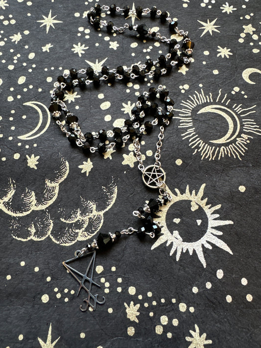 Black Lucifer Sigil Rosary with faceted beads