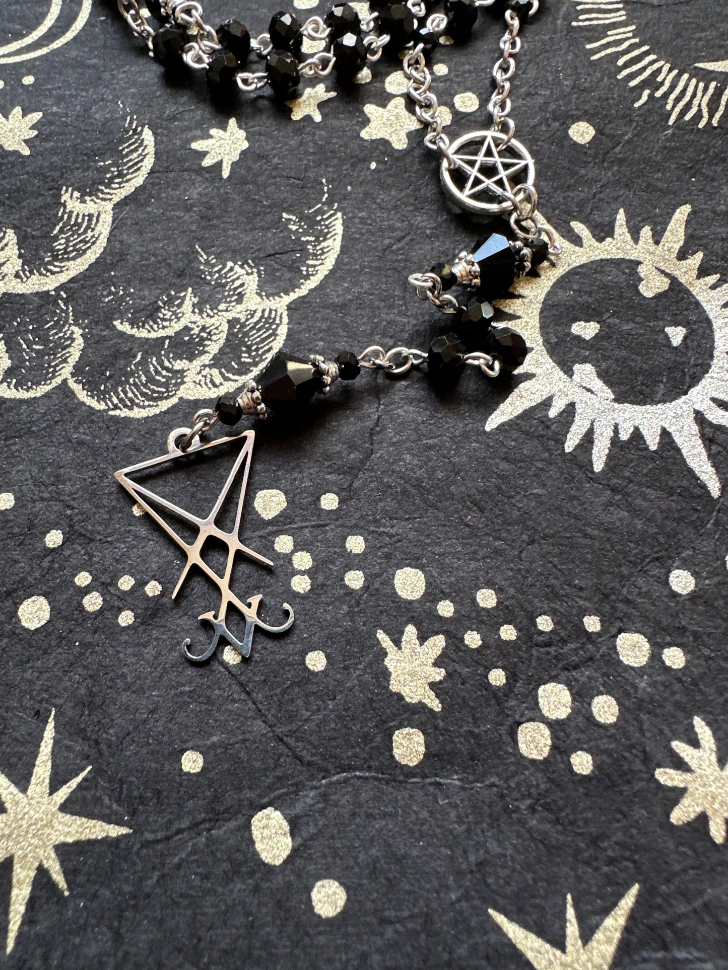 Black Lucifer Sigil Rosary with faceted beads