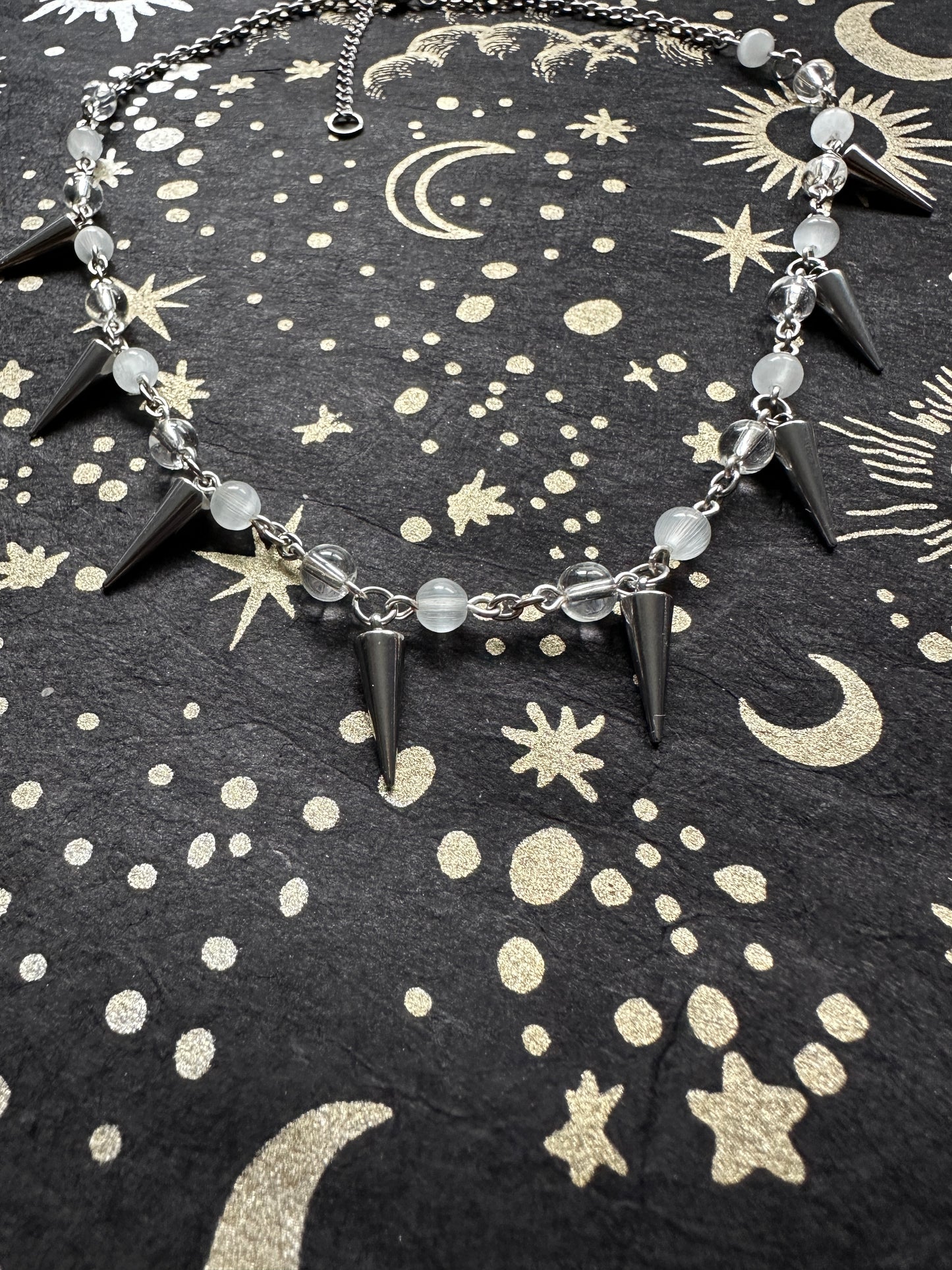 Stainless steel spike choker with glass and cats eye beads