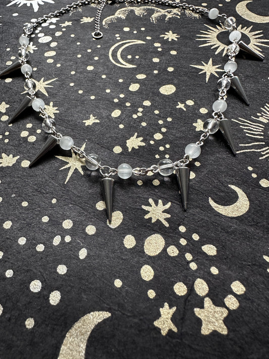 Stainless steel spike choker with glass and cats eye beads