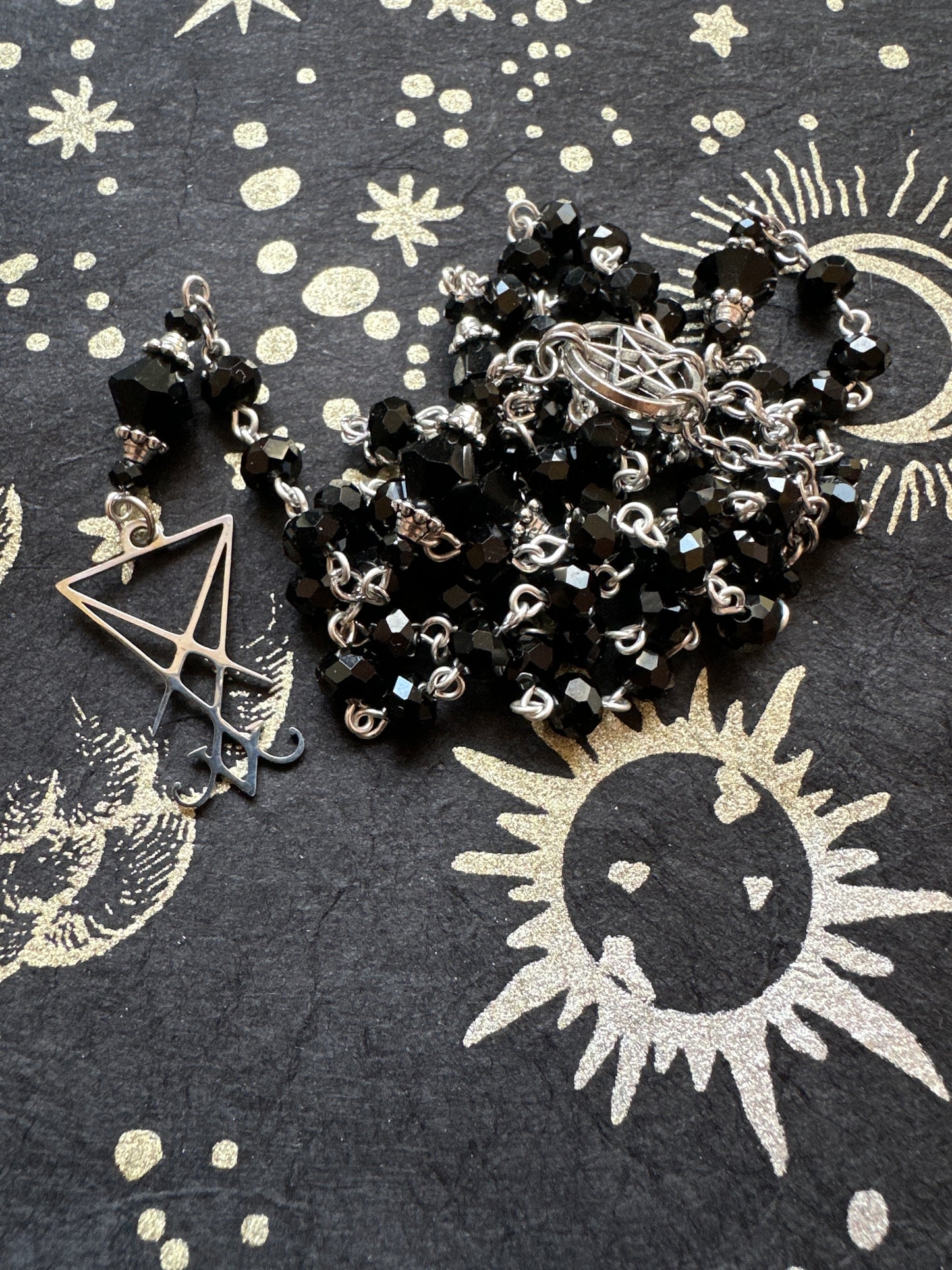 Black Lucifer Sigil Rosary with faceted beads