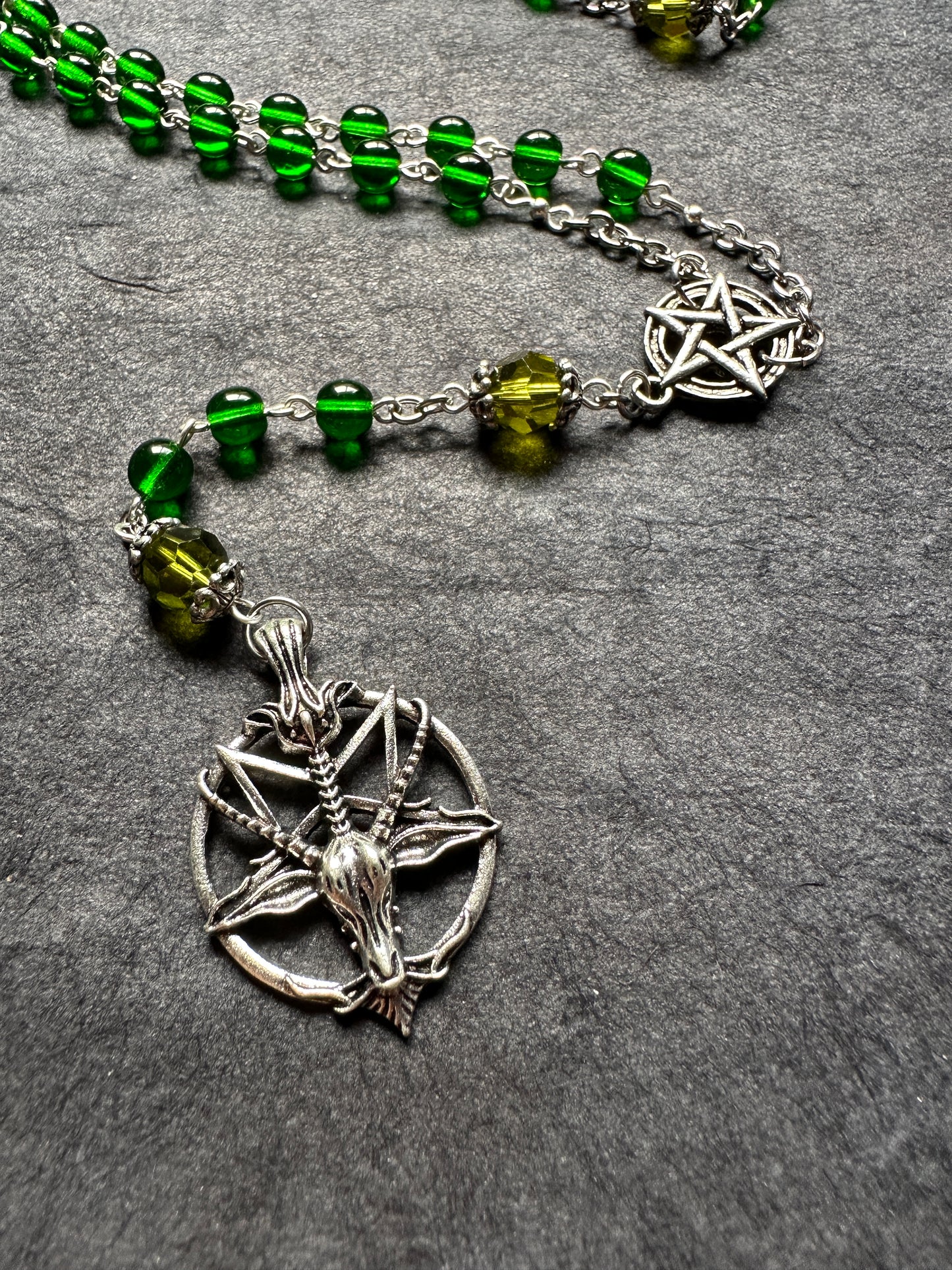 Green glass bead Baphomet rosary