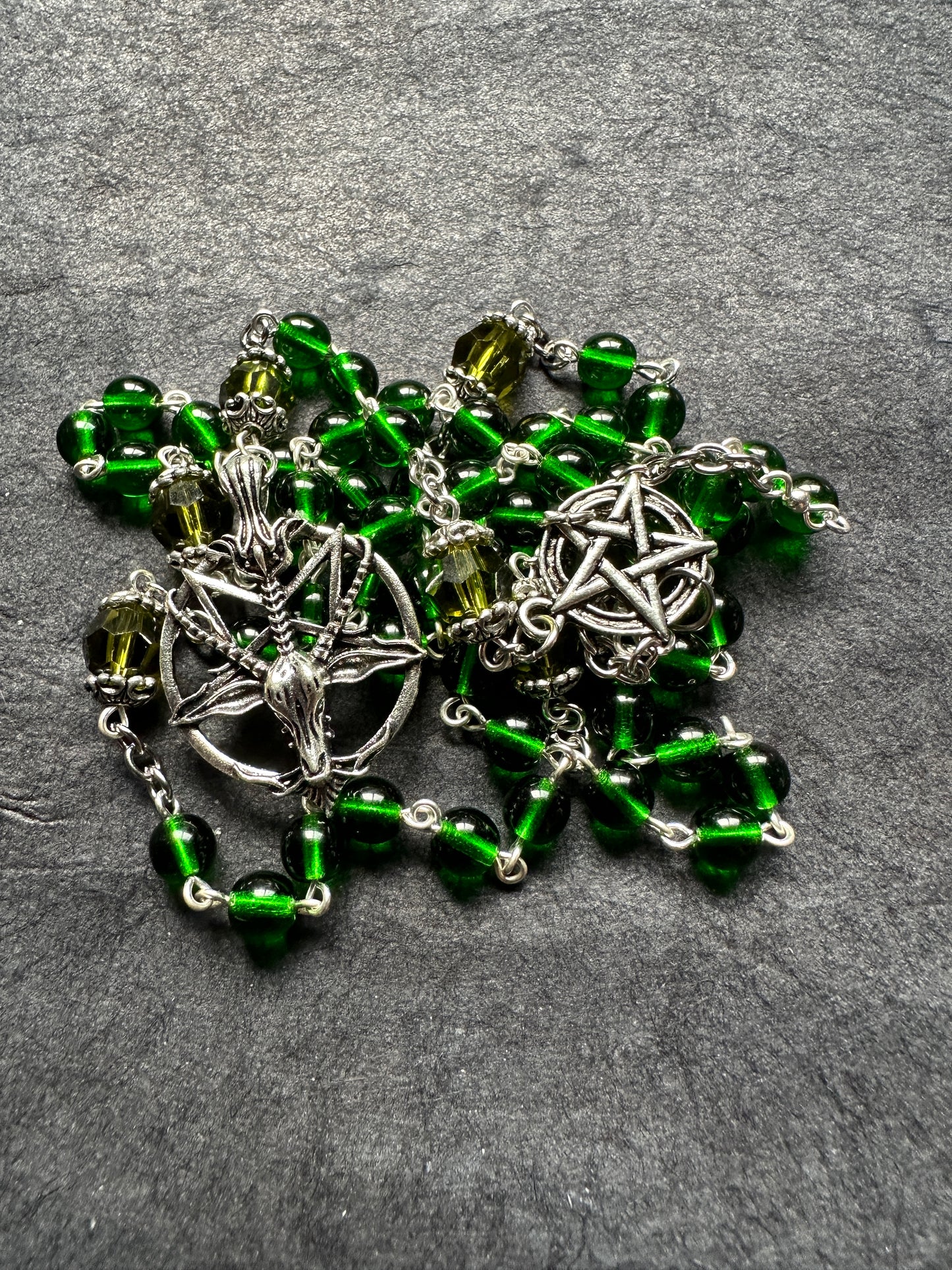 Green glass bead Baphomet rosary