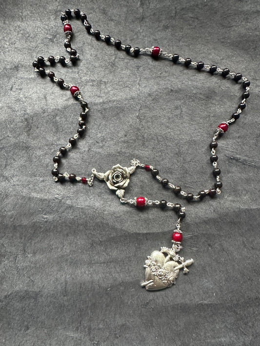 Sacred heart and rose garnet bead rosary