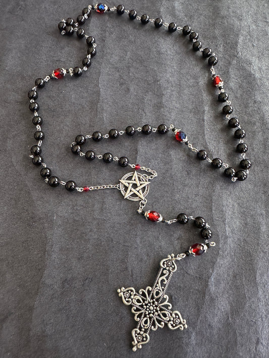 Large rosary with onyx beads, pewter cross and center