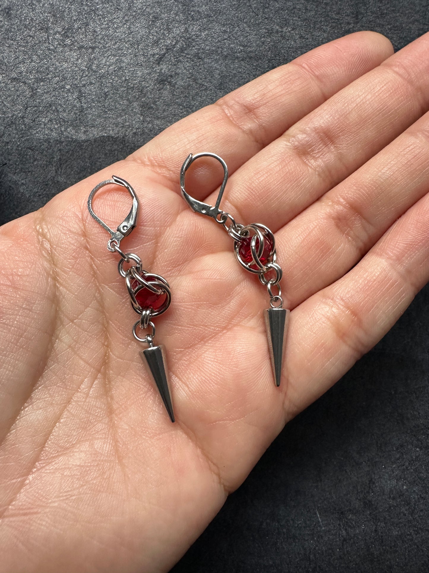 Stainless steel chainmaille and red crystal earrings