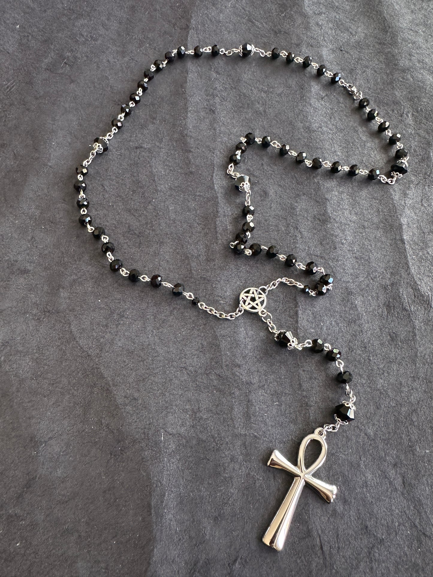 Black faceted glass ankh gothic rosary