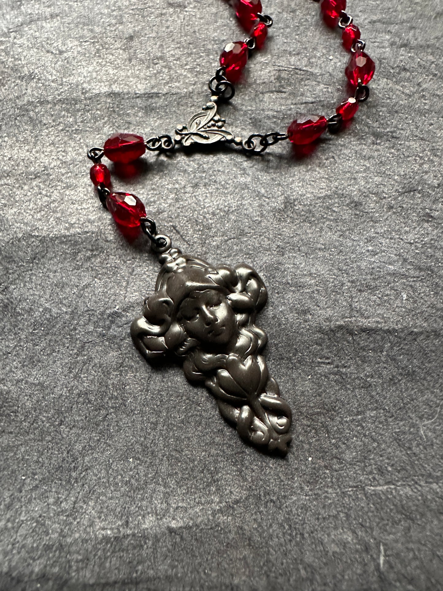 Dark Persephone necklace with red glass beads