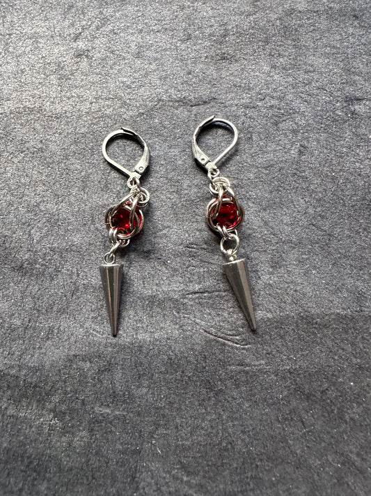 Stainless steel chainmaille and red crystal earrings