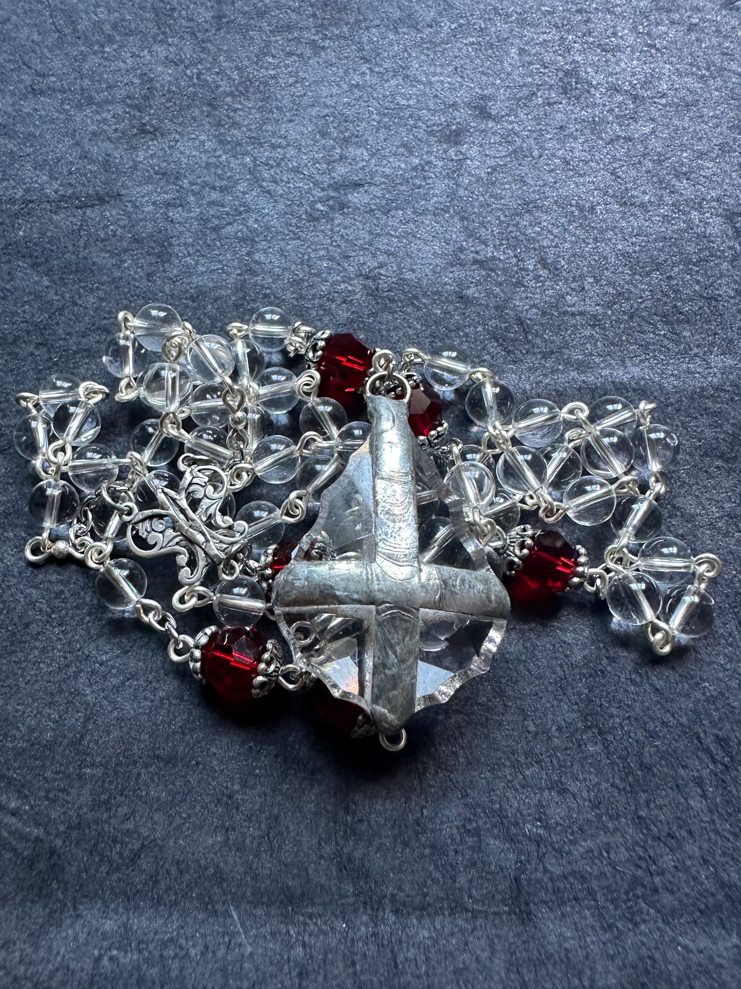 Quartz bead rosary with cut glass and silver inverted cross