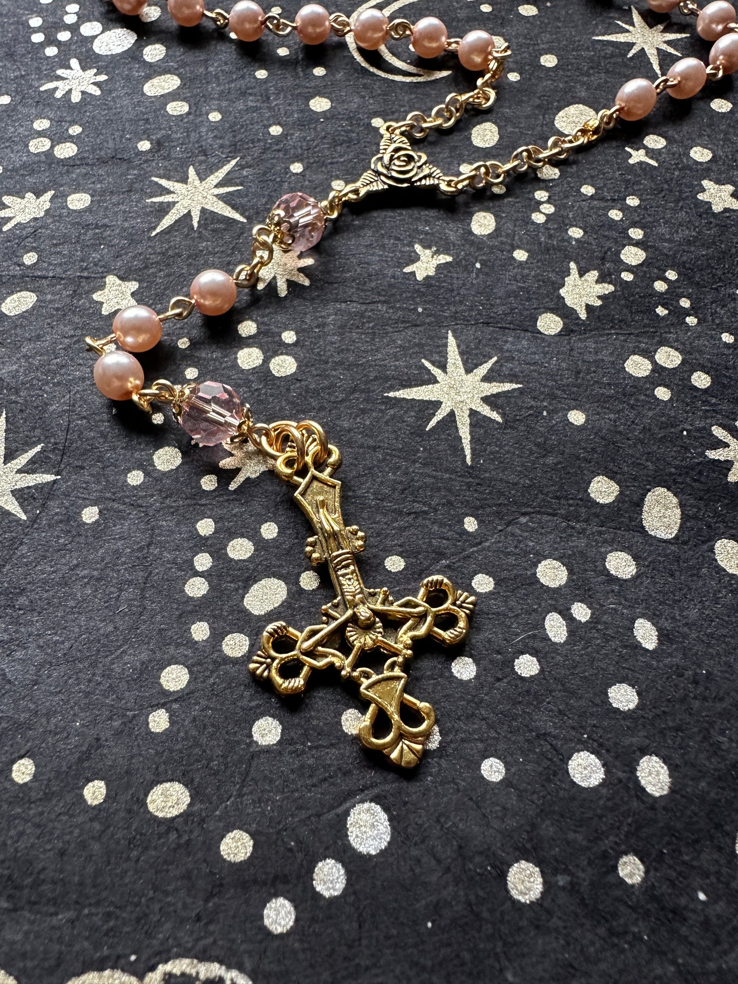 Pearl glass bead and gold rosary