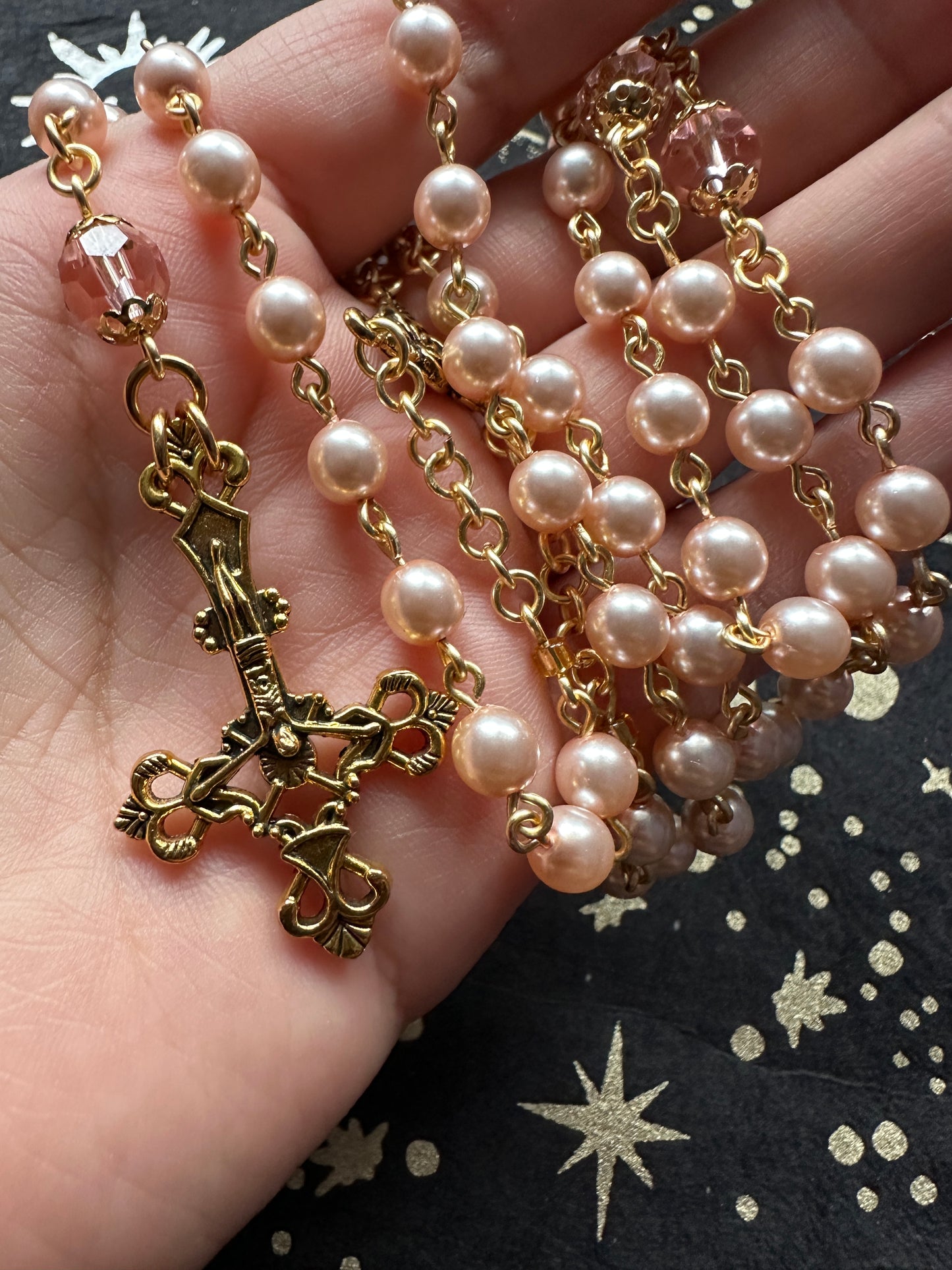 Pearl glass bead and gold rosary