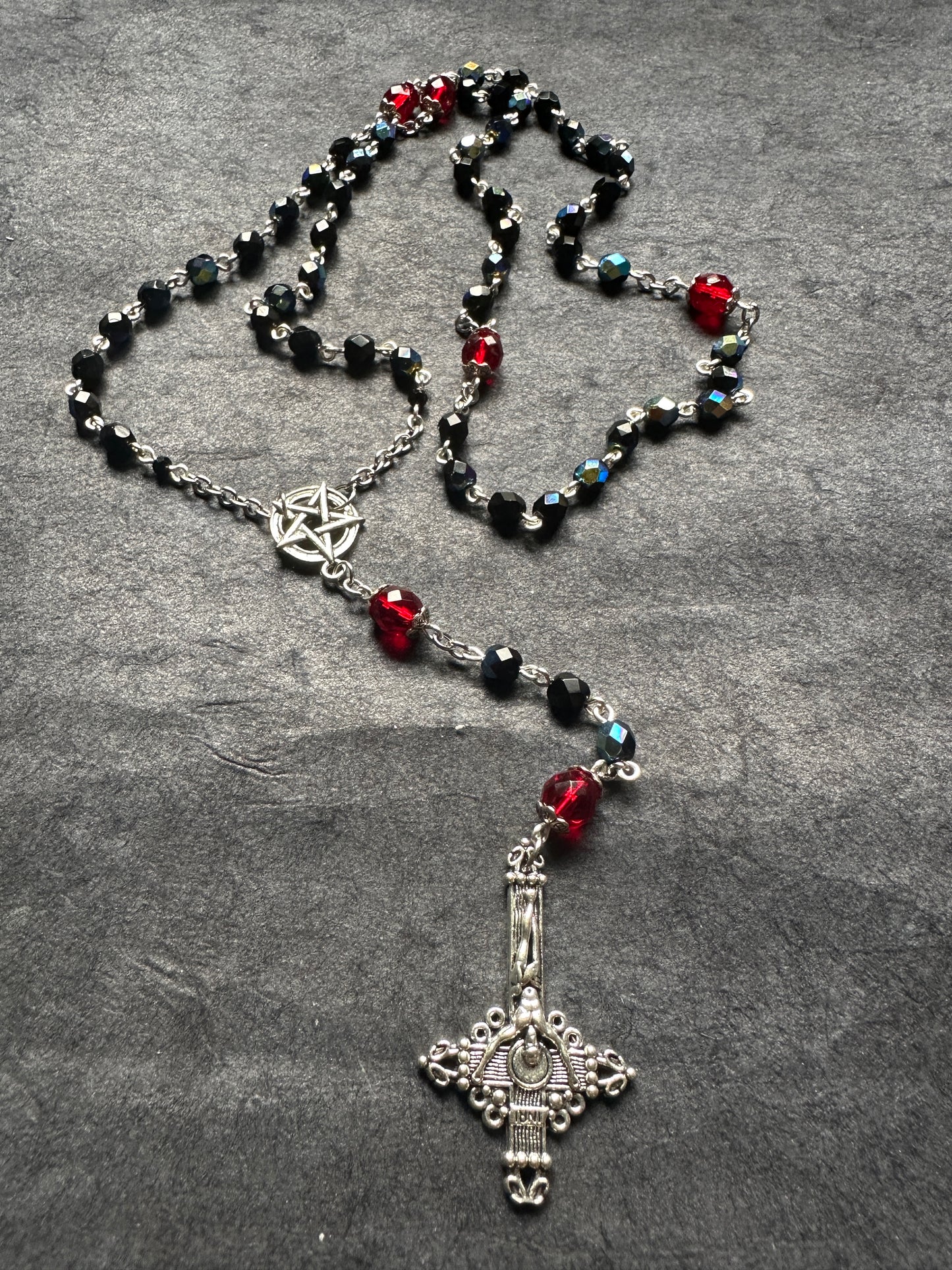 Black iridescent glass bead satanic rosary