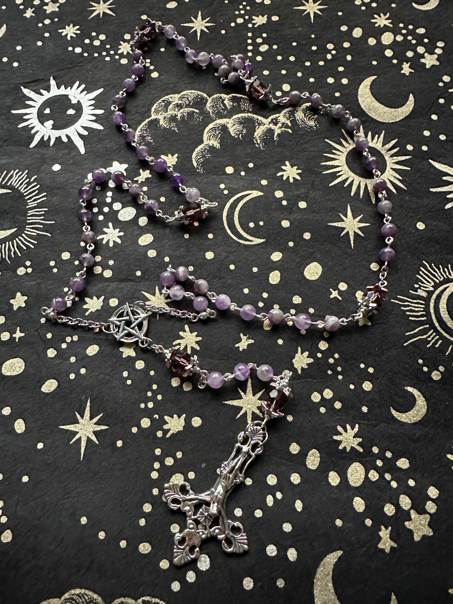 Unholy inverted crucifix rosary with amethyst beads