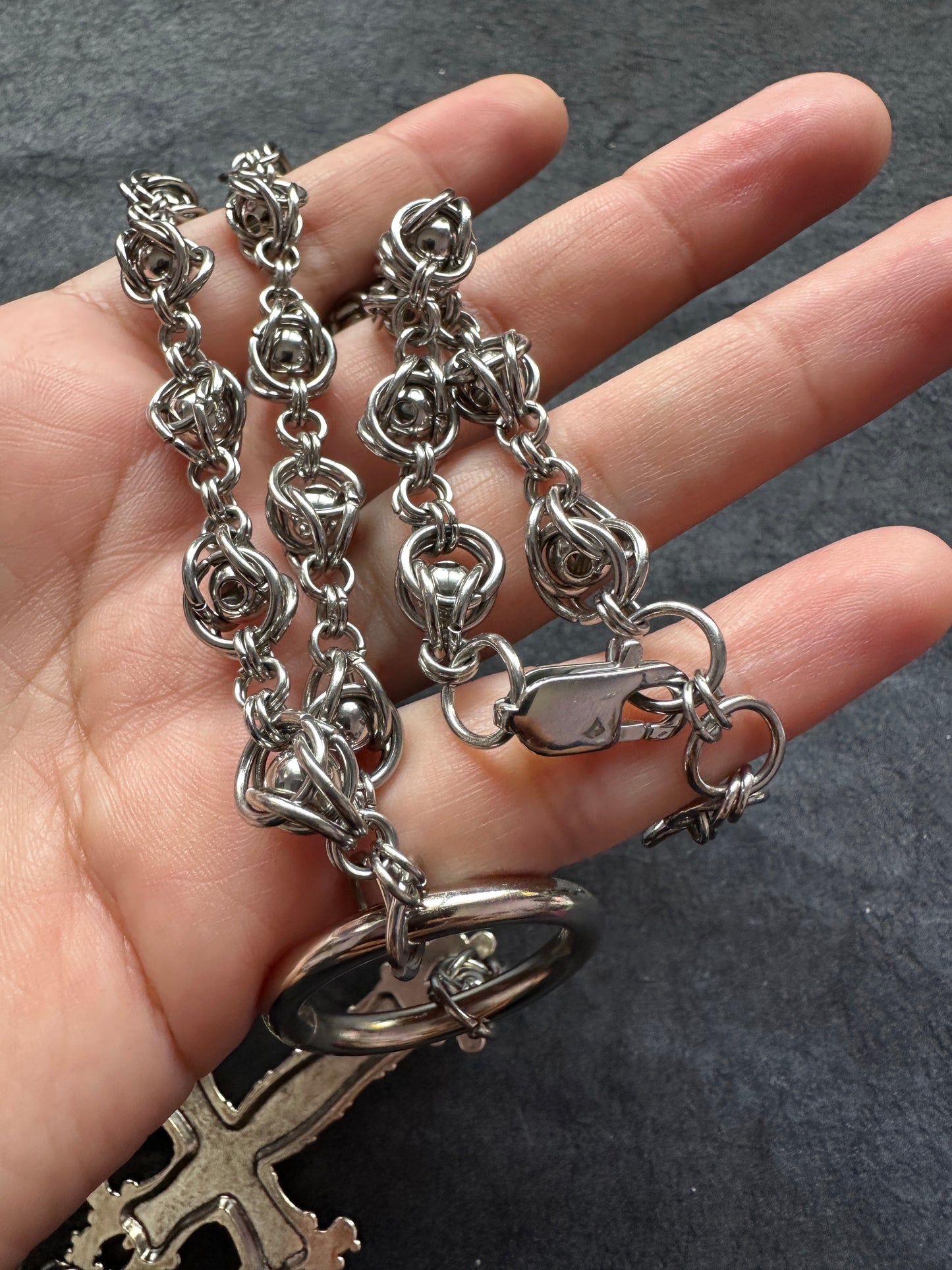 Large steel chainmaille necklace and cross