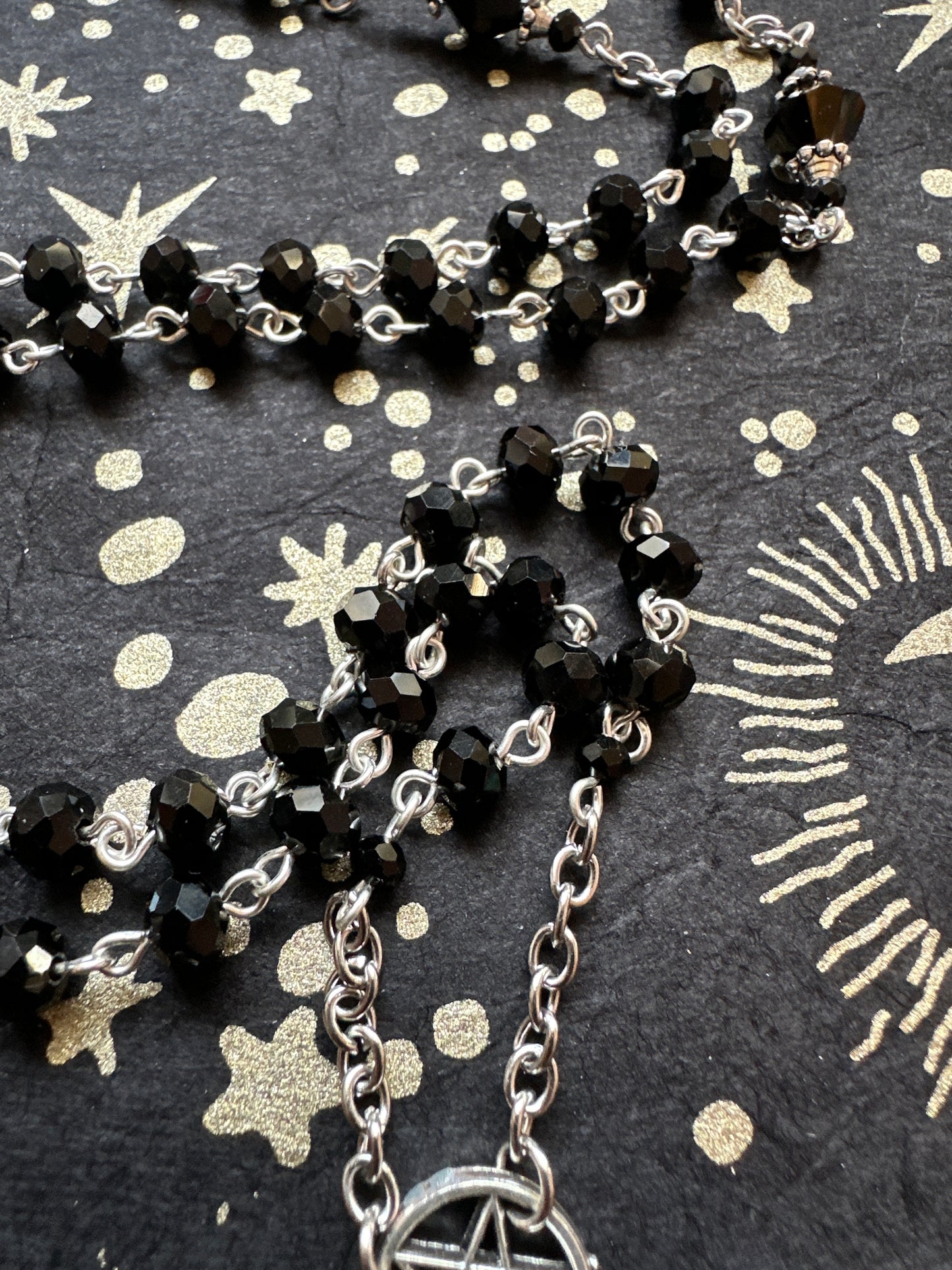 Black Lucifer Sigil Rosary with faceted beads