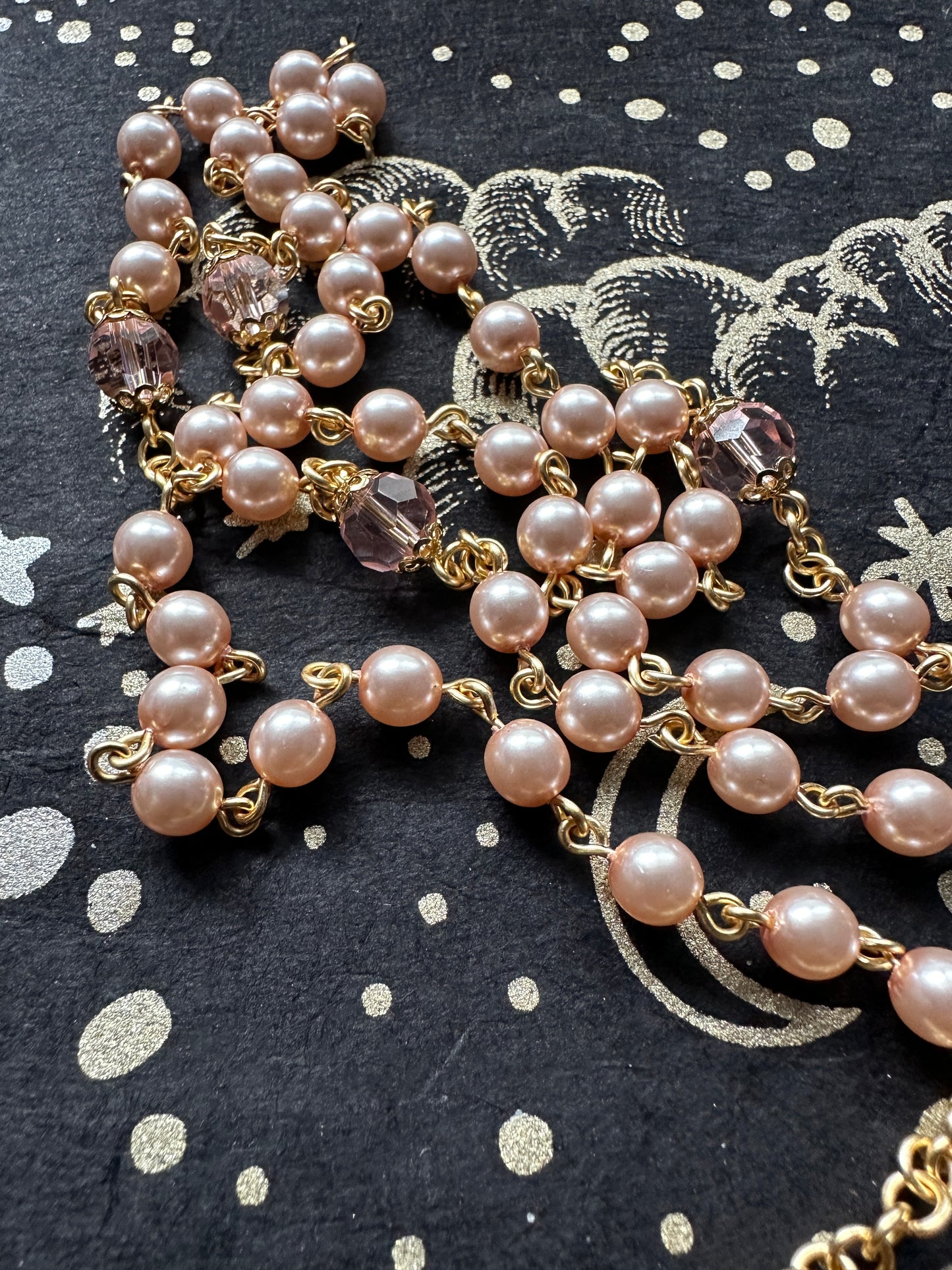 Pearl glass bead and gold rosary