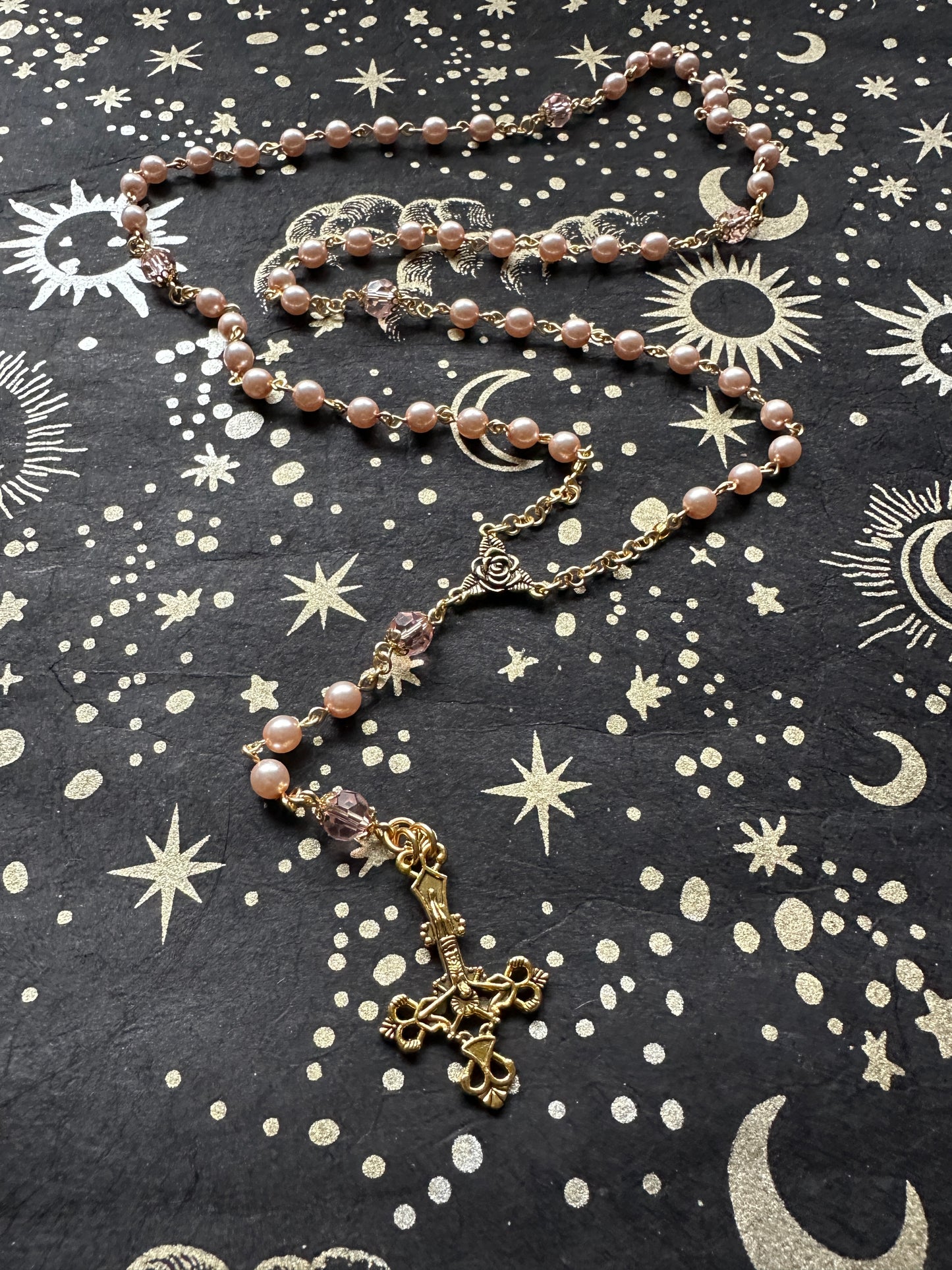 Pearl glass bead and gold rosary