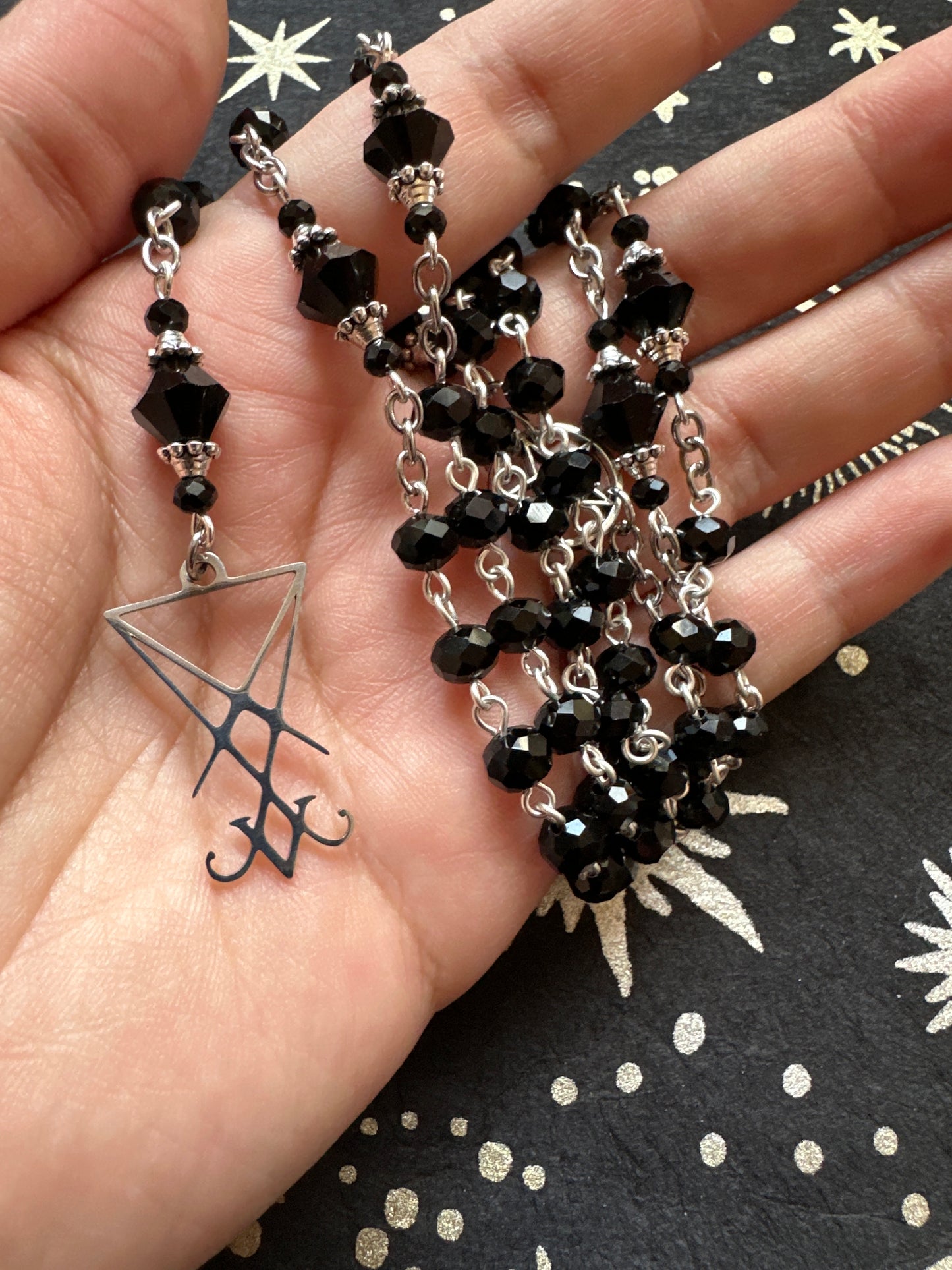 Black Lucifer Sigil Rosary with faceted beads
