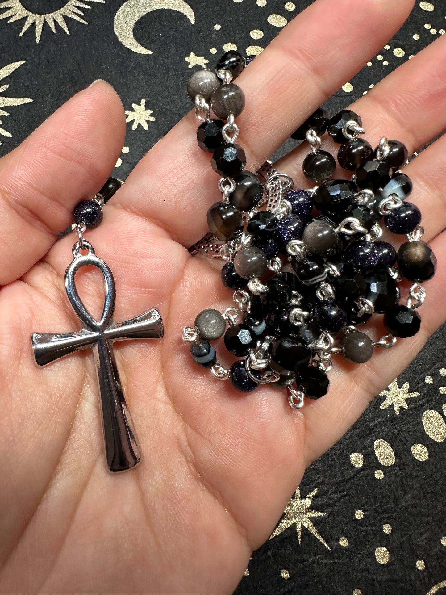 Ankh rosary with banded agate, blue gold stone, silver obsidian