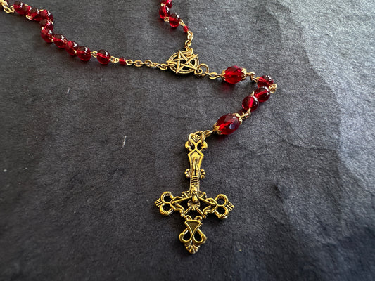 Red and gold glass bead rosary