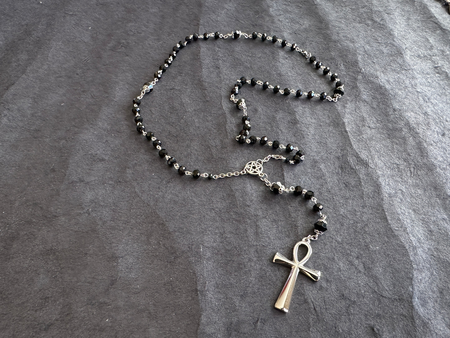 Black faceted glass ankh gothic rosary