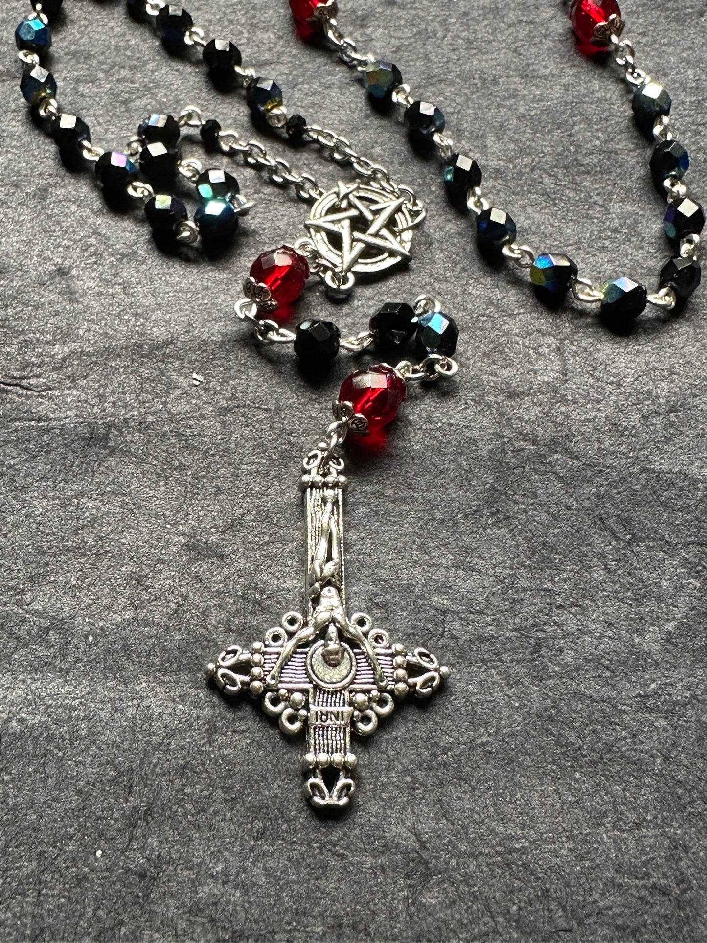 Black iridescent glass bead satanic rosary