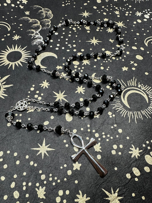 Black glass faceted bead ankh rosary