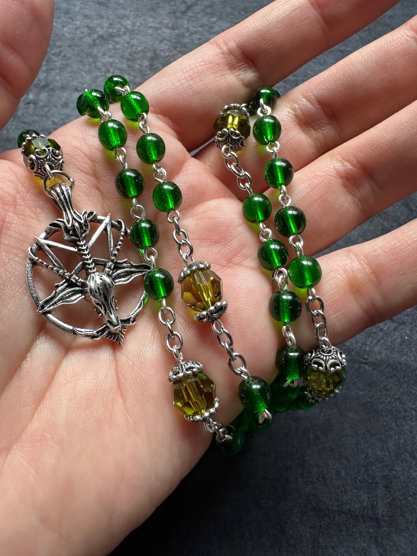 Green glass bead Baphomet rosary