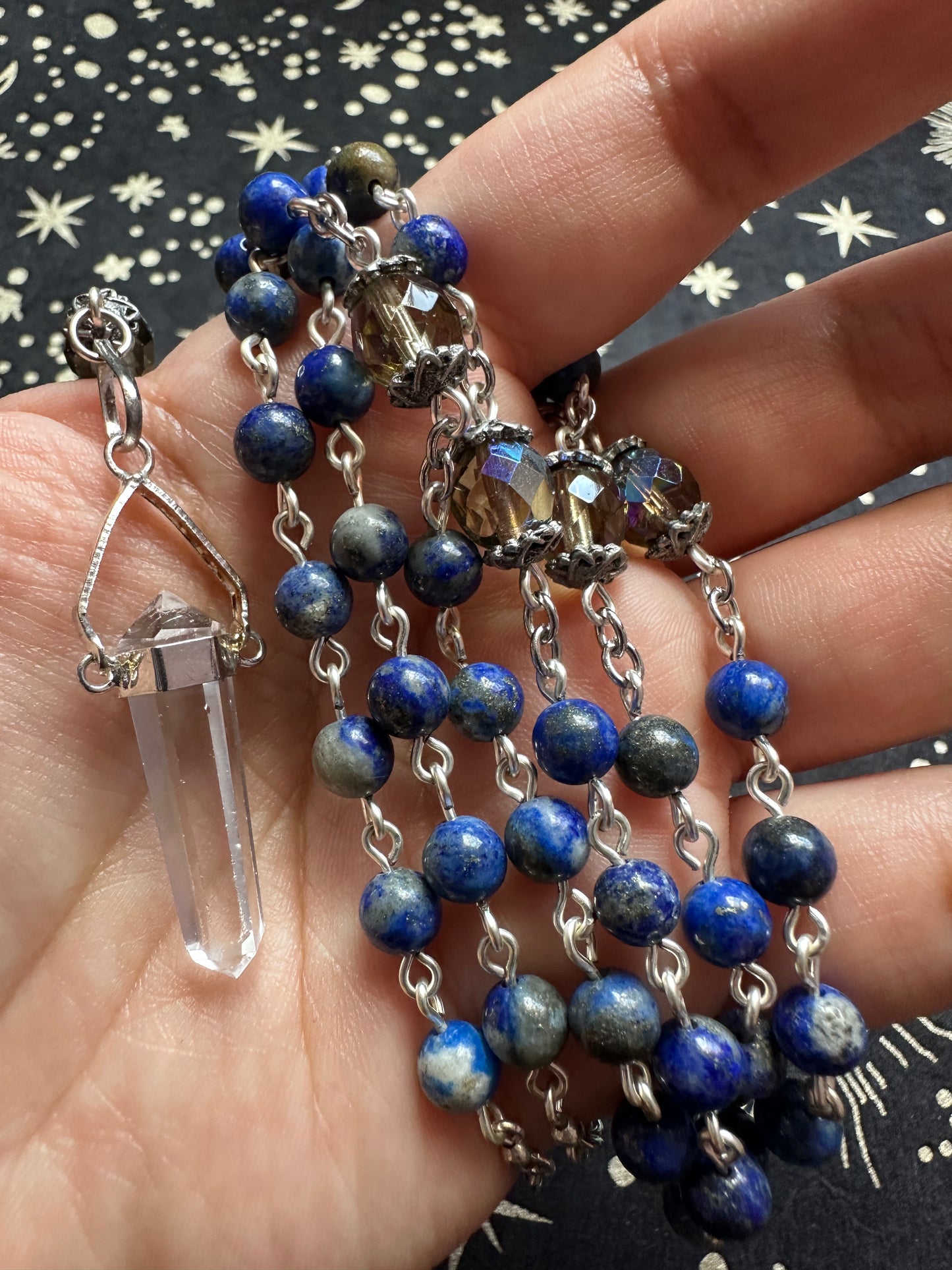 Lapis Lazuli and quartz pendant rosary