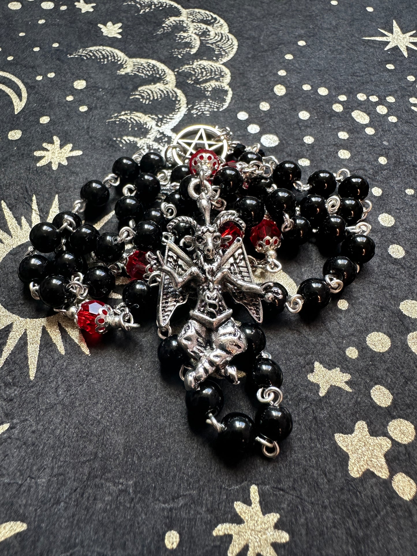 Baphomet rosary with red crystals