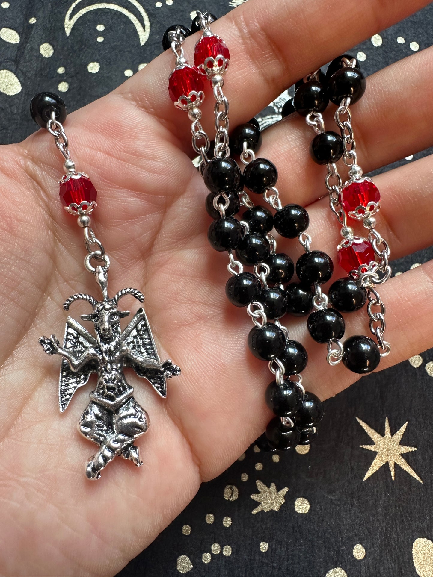 Baphomet rosary with red crystals